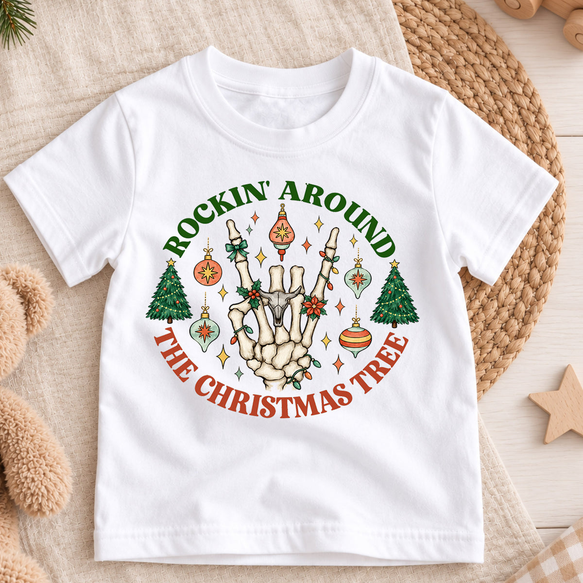 Rockin Around the Christmas Tree Kids Shirt, Skeleton Hand Holiday Tee, Retro Christmas T Shirt, Funny Xmas Gift for Kids — product view 3