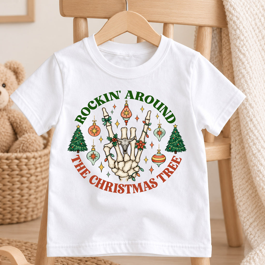 Rockin Around the Christmas Tree Kids Shirt, Skeleton Hand Holiday Tee, Retro Christmas T Shirt, Funny Xmas Gift for Kids — product view 4