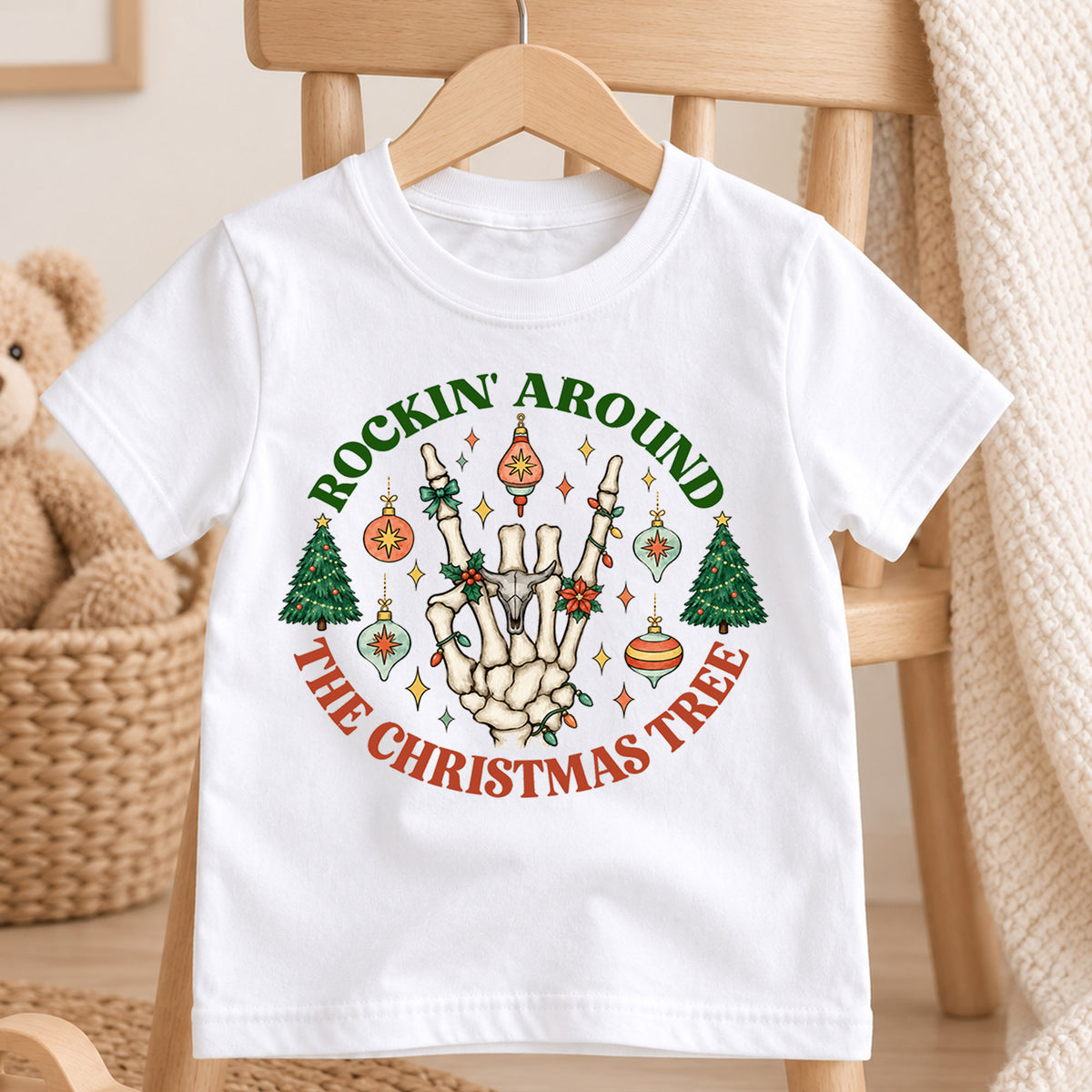 Rockin Around the Christmas Tree Kids Shirt, Skeleton Hand Holiday Tee, Retro Christmas T Shirt, Funny Xmas Gift for Kids — product view 4