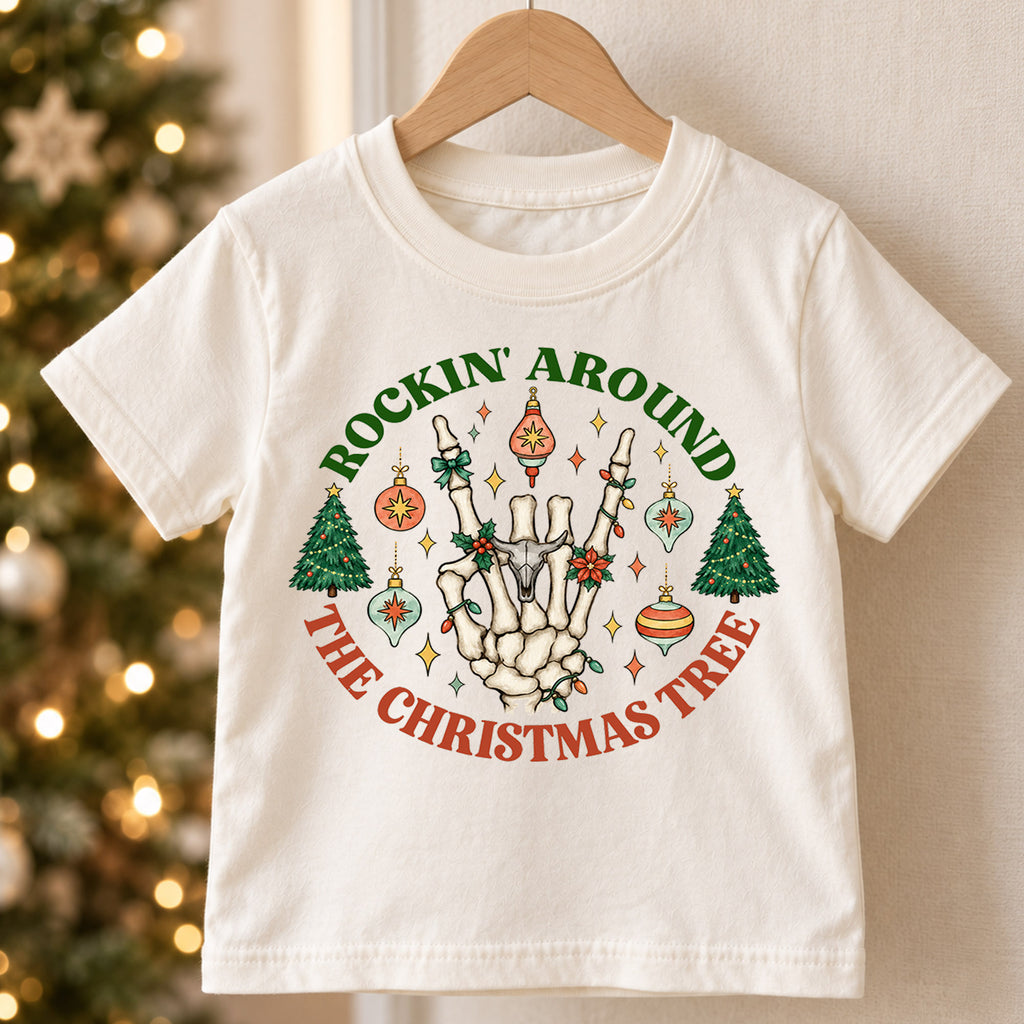 Rockin Around the Christmas Tree Kids Shirt, Skeleton Hand Holiday Tee, Retro Christmas T Shirt, Funny Xmas Gift for Kids — product view 5