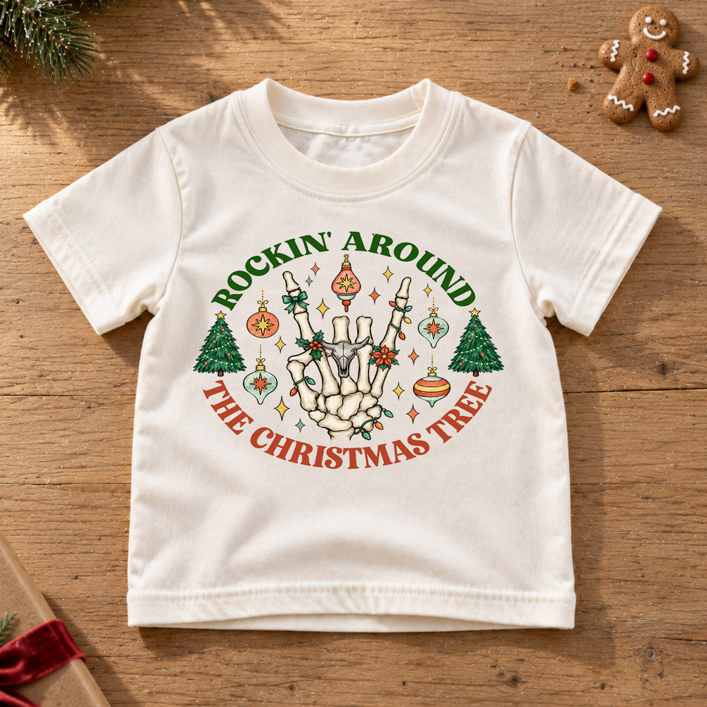 Rockin Around the Christmas Tree Kids Shirt, Skeleton Hand Holiday Tee, Retro Christmas T Shirt, Funny Xmas Gift for Kids — product view 6