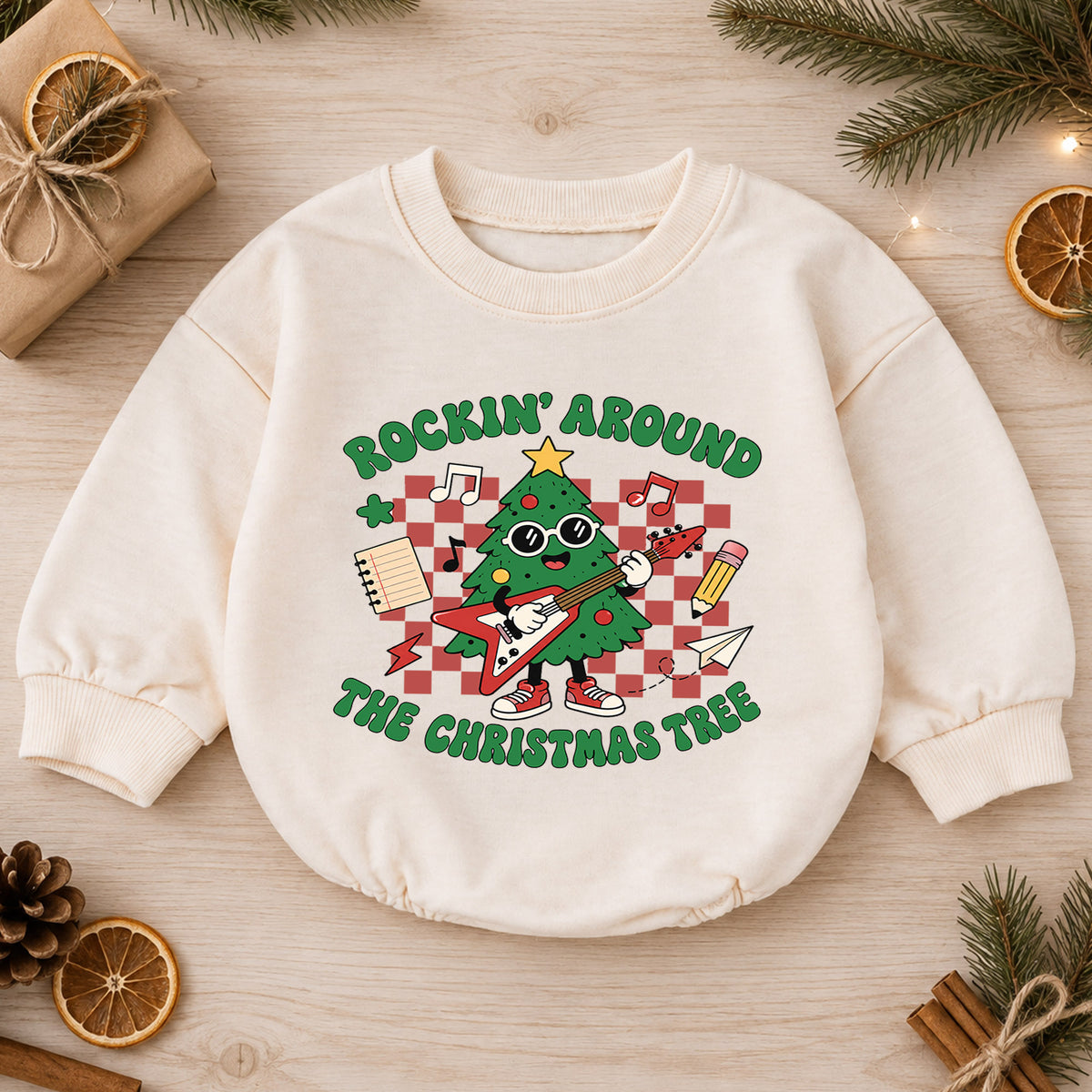Rockin Around the Christmas Tree Baby Romper, Guitar Tree Holiday Outfit, 1st Birthday Xmas Gift, Baby 1st Christmas Keepsake — product view 1