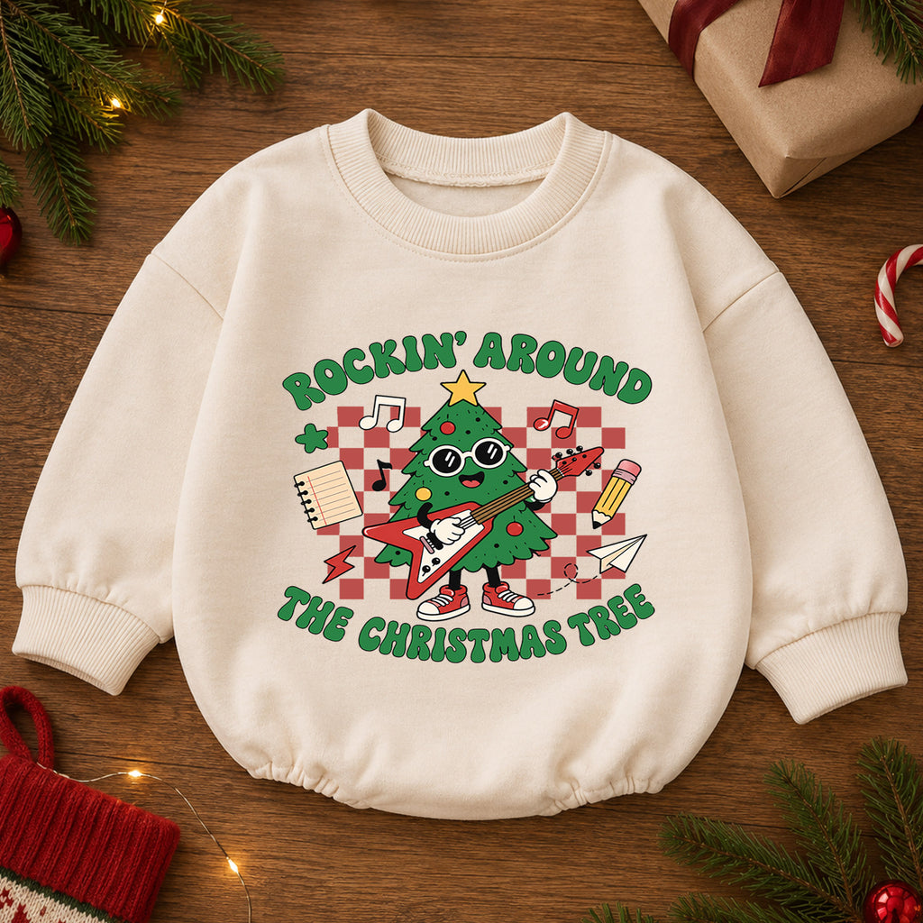 Rockin Around the Christmas Tree Baby Romper, Guitar Tree Holiday Outfit, 1st Birthday Xmas Gift, Baby 1st Christmas Keepsake — product view 2