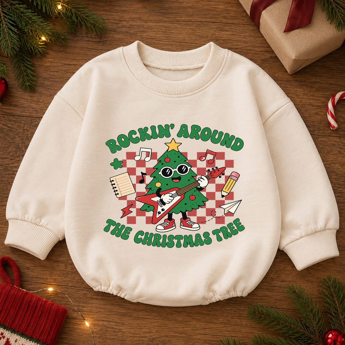 Rockin Around the Christmas Tree Baby Romper, Guitar Tree Holiday Outfit, 1st Birthday Xmas Gift, Baby 1st Christmas Keepsake — product view 2