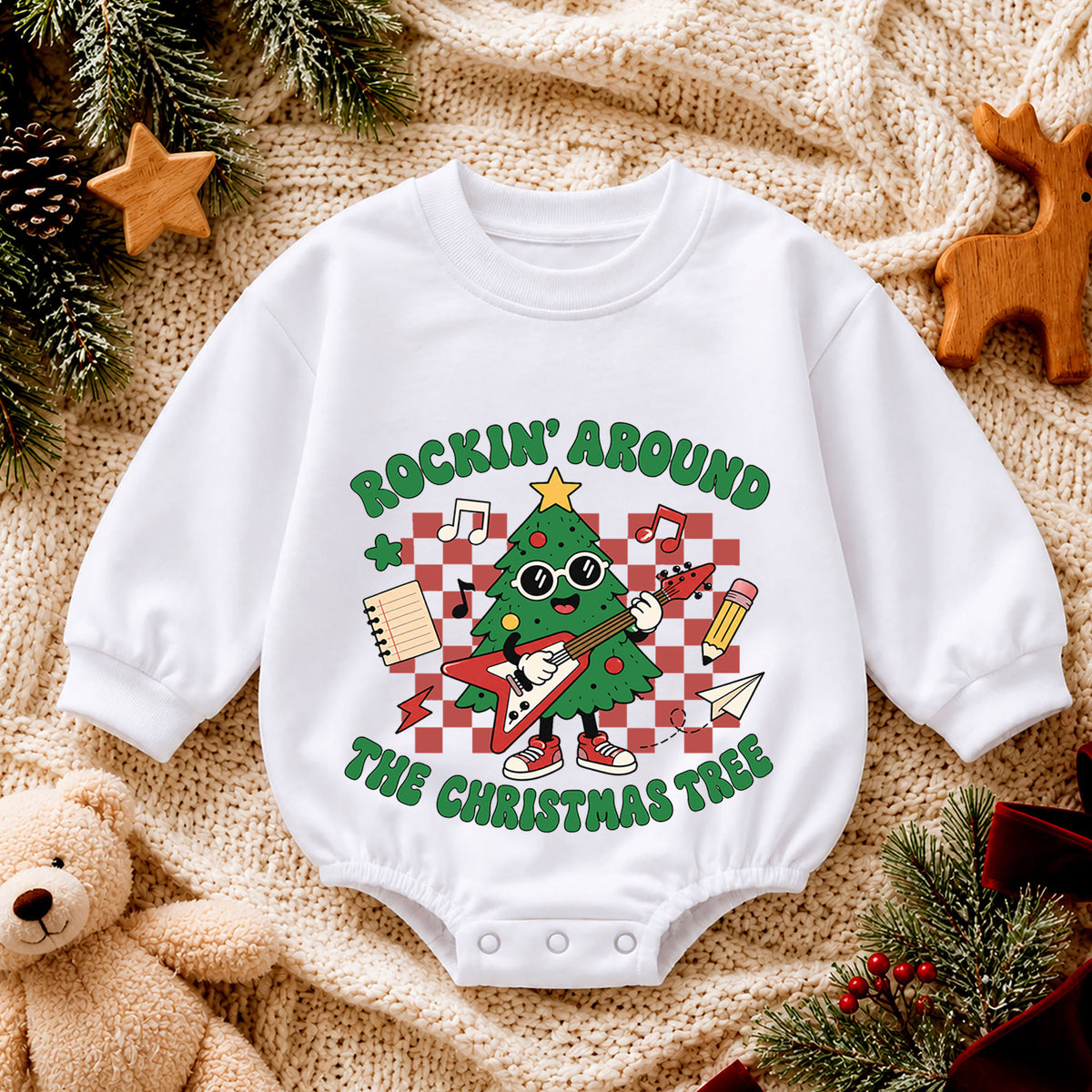 Rockin Around the Christmas Tree Baby Romper, Guitar Tree Holiday Outfit, 1st Birthday Xmas Gift, Baby 1st Christmas Keepsake — product view 4