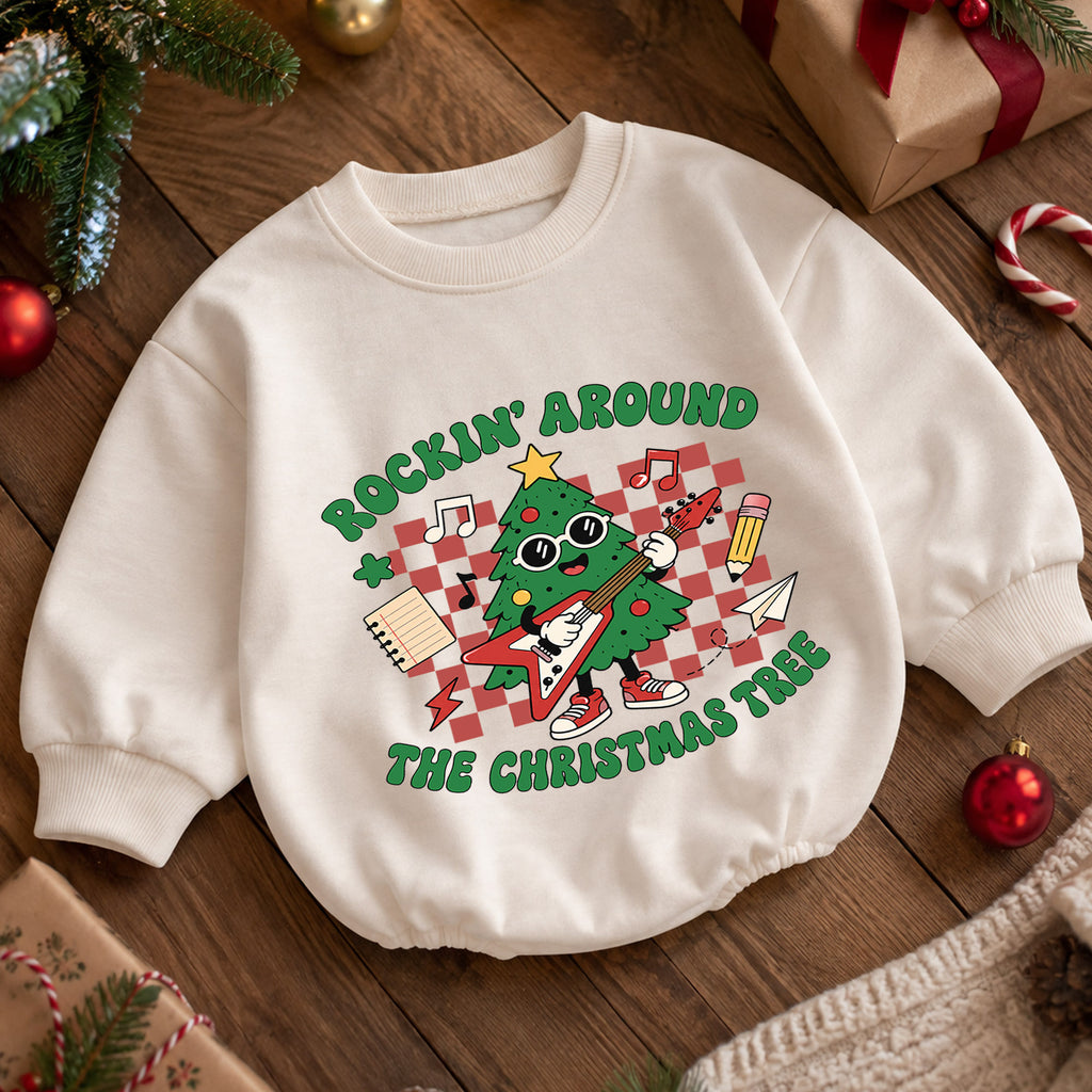 Rockin Around the Christmas Tree Baby Romper, Guitar Tree Holiday Outfit, 1st Birthday Xmas Gift, Baby 1st Christmas Keepsake — product view 5