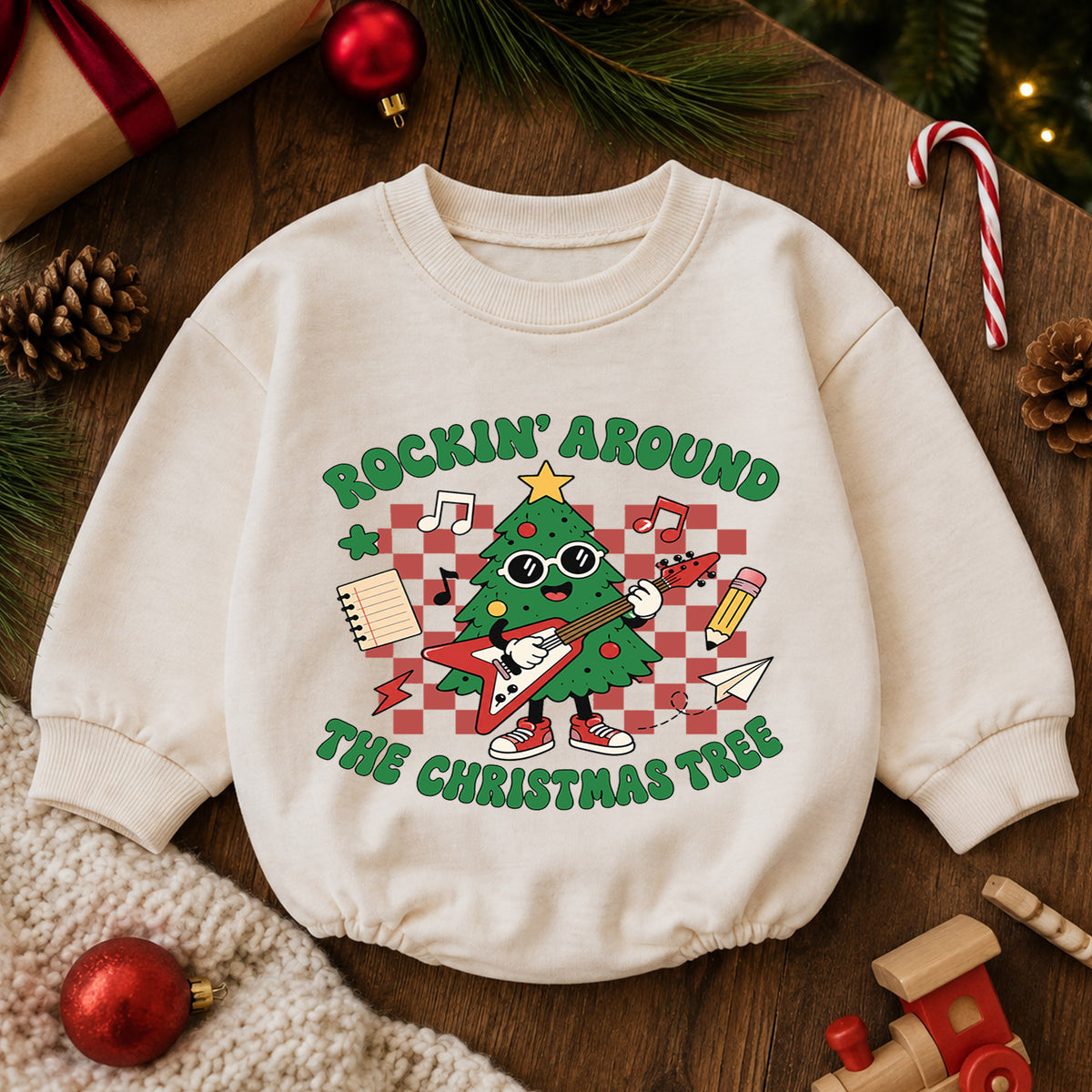Rockin Around the Christmas Tree Baby Romper, Guitar Tree Holiday Outfit, 1st Birthday Xmas Gift, Baby 1st Christmas Keepsake — product view 6