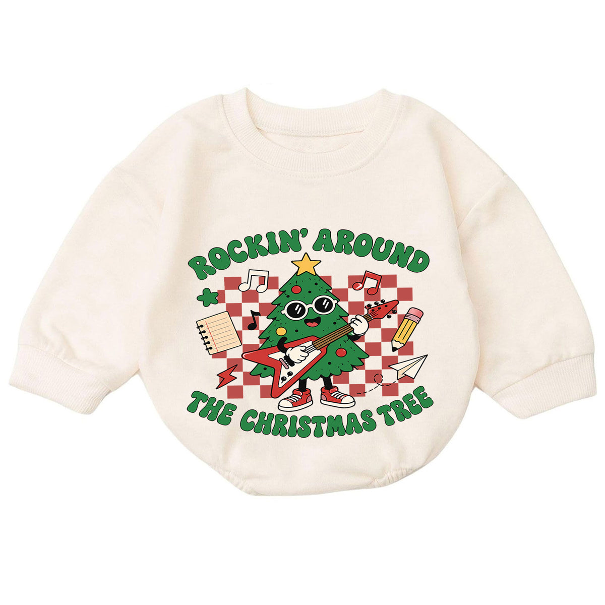 Rockin Around the Christmas Tree Baby Romper, Guitar Tree Holiday Outfit, 1st Birthday Xmas Gift, Baby 1st Christmas Keepsake — product view 7