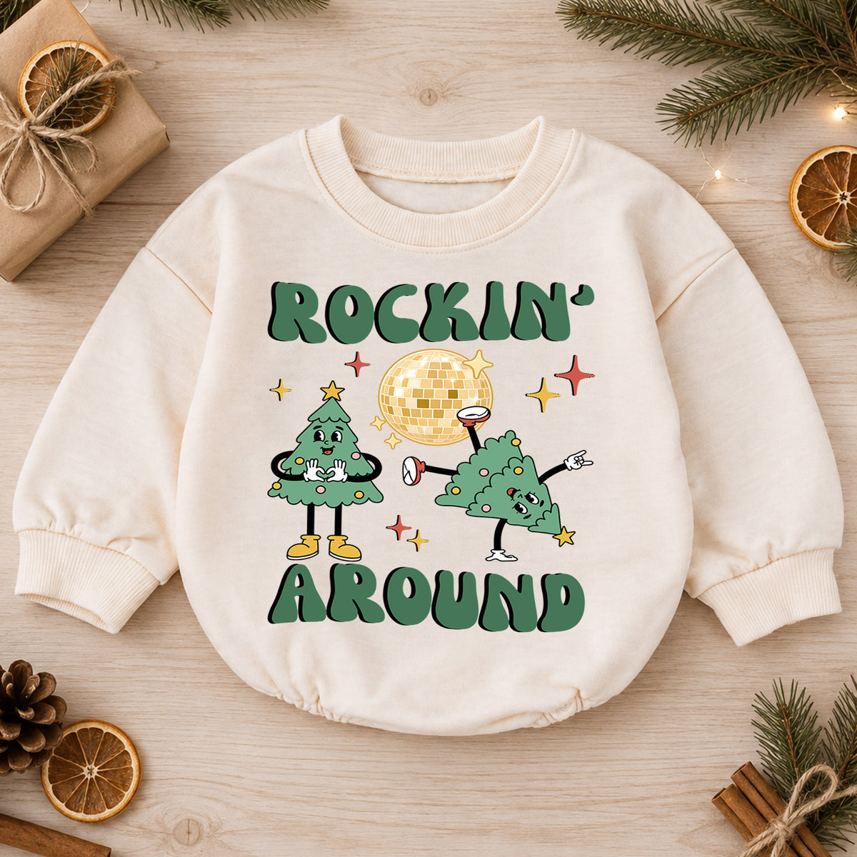 Rockin Around Christmas Tree Baby Romper, Disco Holiday Outfit, Retro 1st Birthday Gift, Baby 1st Christmas Keepsake — product view 1