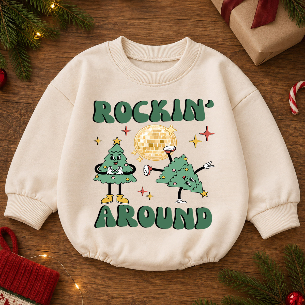 Rockin Around Christmas Tree Baby Romper, Disco Holiday Outfit, Retro 1st Birthday Gift, Baby 1st Christmas Keepsake — product view 2
