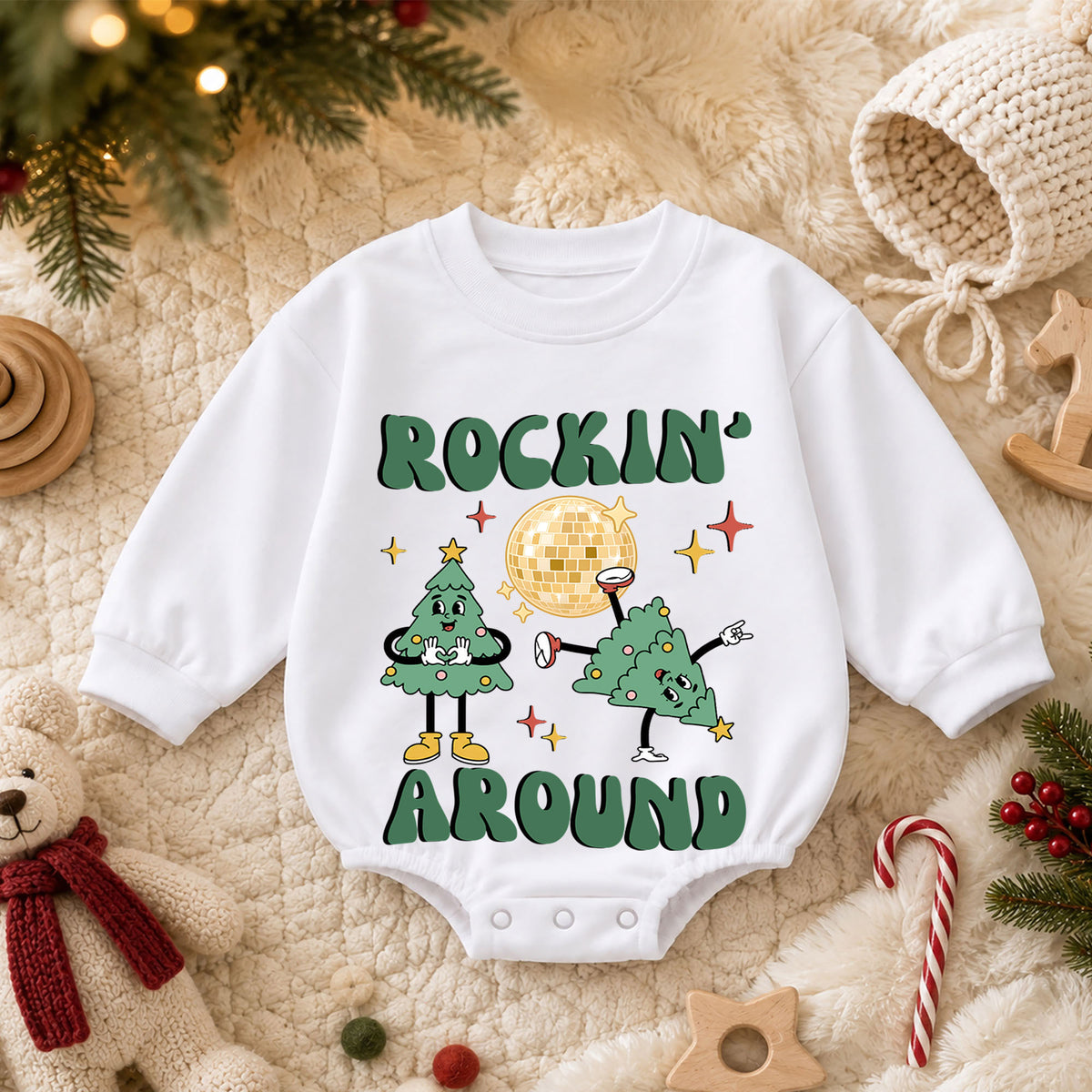 Rockin Around Christmas Tree Baby Romper, Disco Holiday Outfit, Retro 1st Birthday Gift, Baby 1st Christmas Keepsake — product view 3