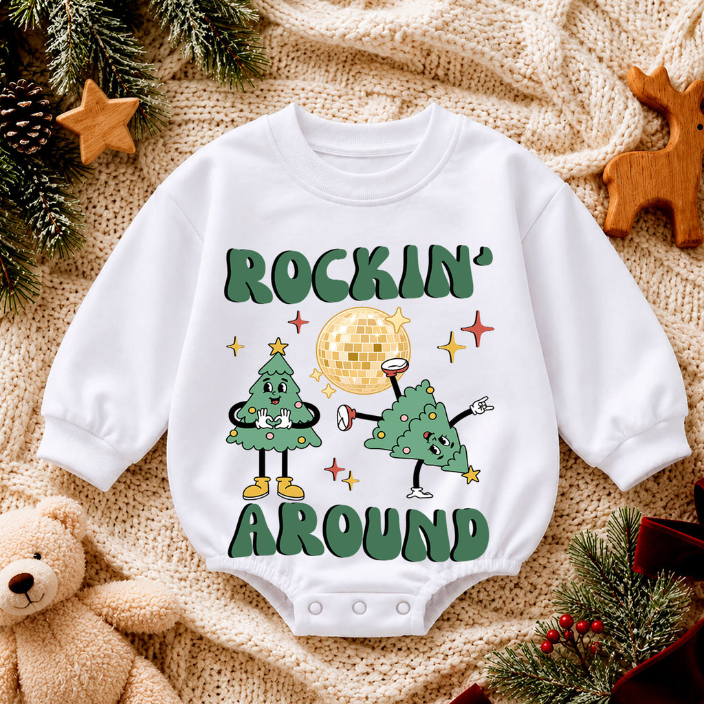 Rockin Around Christmas Tree Baby Romper, Disco Holiday Outfit, Retro 1st Birthday Gift, Baby 1st Christmas Keepsake — product view 4