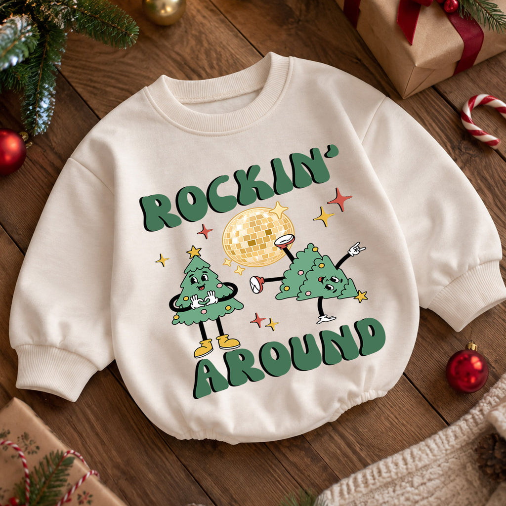 Rockin Around Christmas Tree Baby Romper, Disco Holiday Outfit, Retro 1st Birthday Gift, Baby 1st Christmas Keepsake — product view 5