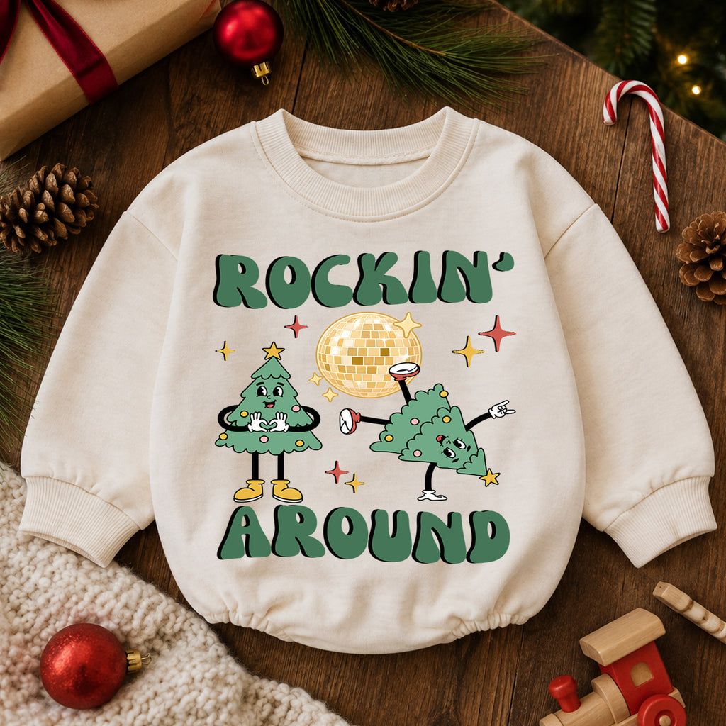 Rockin Around Christmas Tree Baby Romper, Disco Holiday Outfit, Retro 1st Birthday Gift, Baby 1st Christmas Keepsake — product view 6