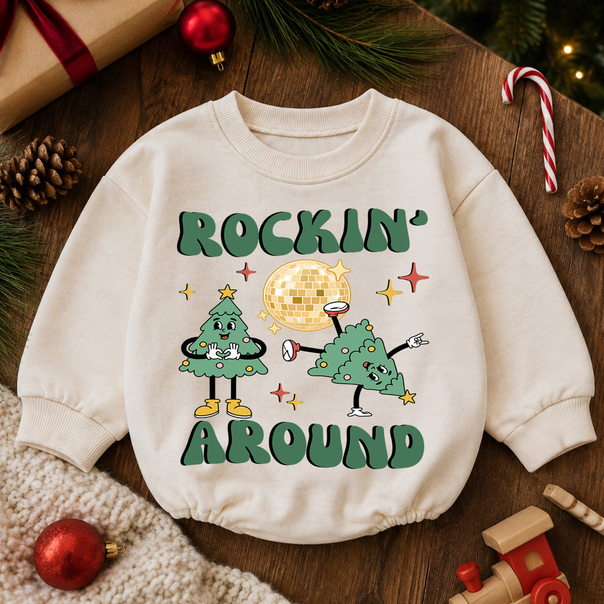 Rockin Around Christmas Tree Baby Romper, Disco Holiday Outfit, Retro 1st Birthday Gift, Baby 1st Christmas Keepsake — product view 6