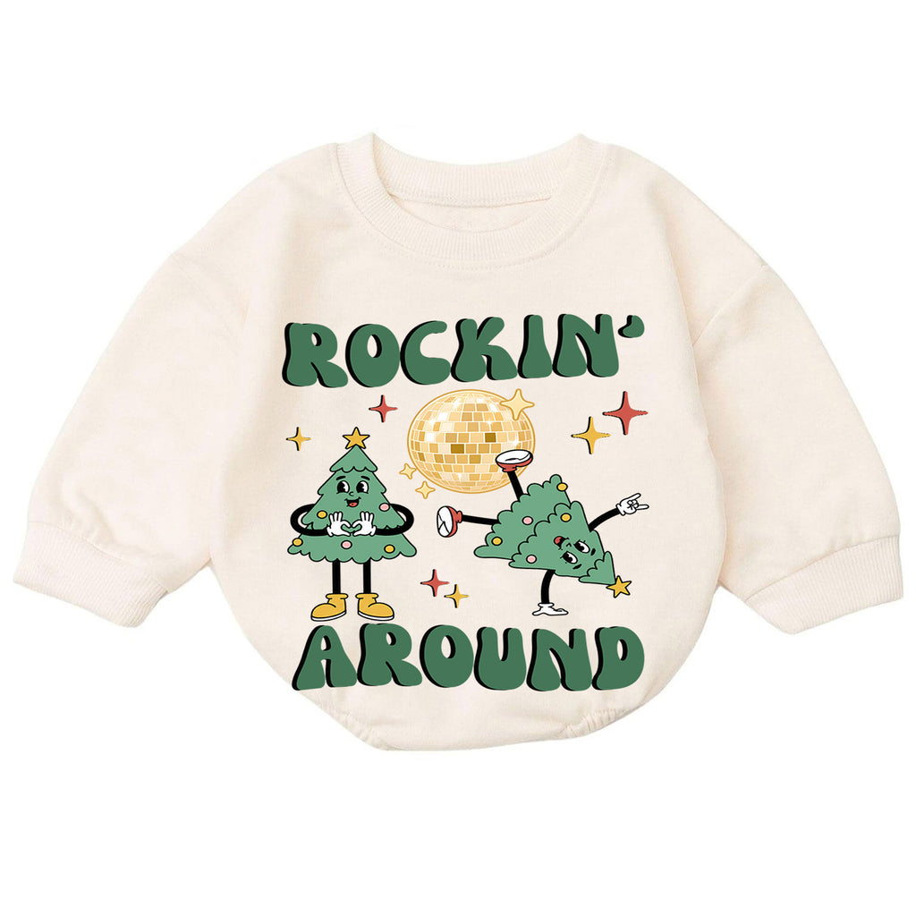 Rockin Around Christmas Tree Baby Romper, Disco Holiday Outfit, Retro 1st Birthday Gift, Baby 1st Christmas Keepsake — product view 7