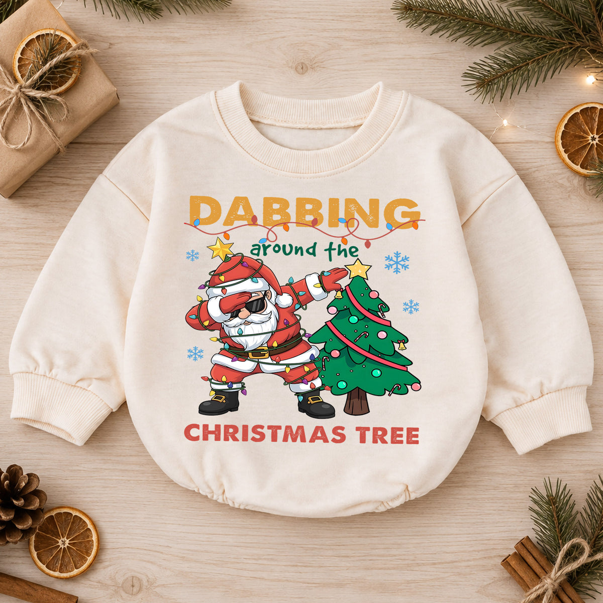 Dabbing Around the Christmas Tree Santa Romper, Funny Holiday Baby Outfit, 1st Birthday Xmas Gift, Baby 1st Christmas Keepsake — product view 1