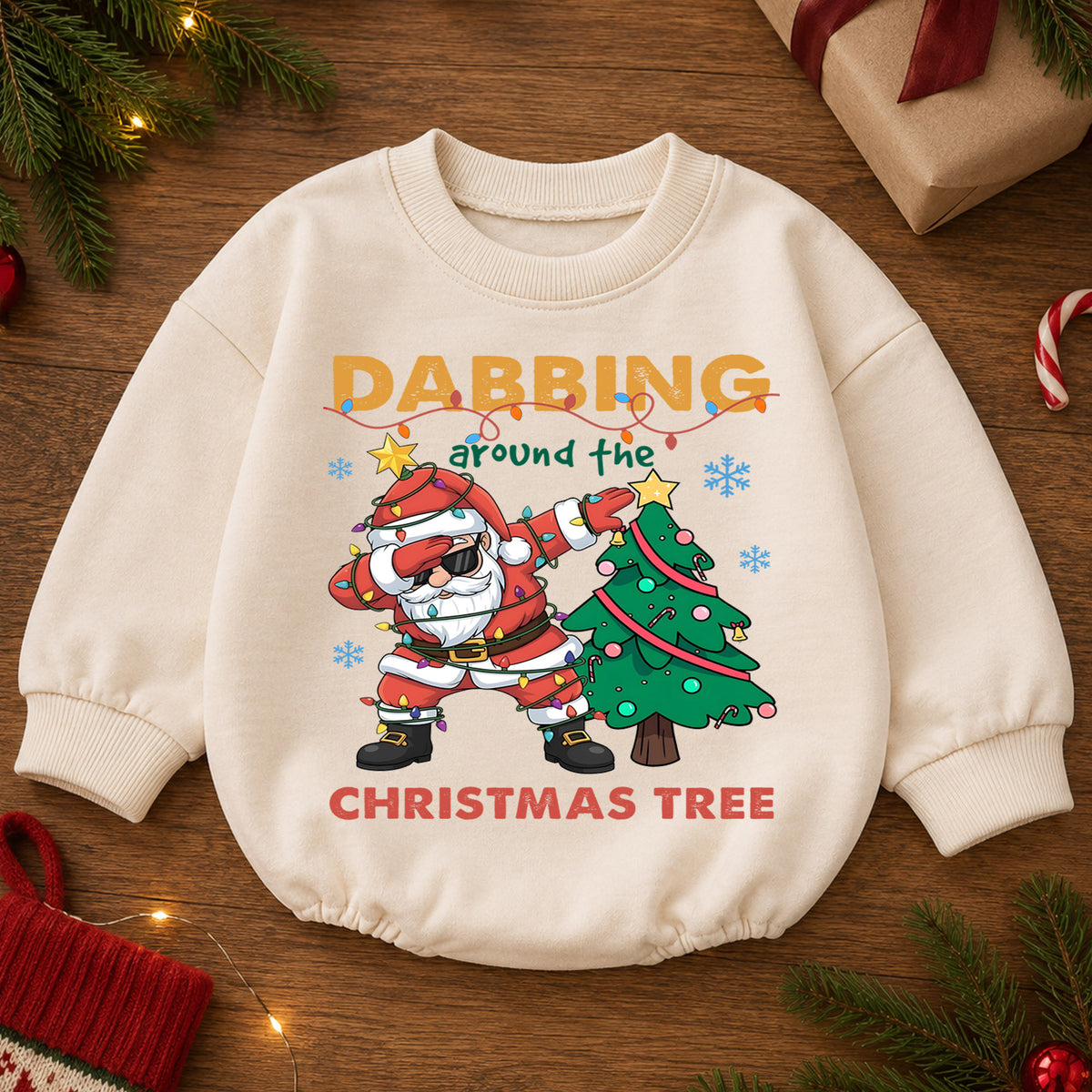 Dabbing Around the Christmas Tree Santa Romper, Funny Holiday Baby Outfit, 1st Birthday Xmas Gift, Baby 1st Christmas Keepsake — product view 2