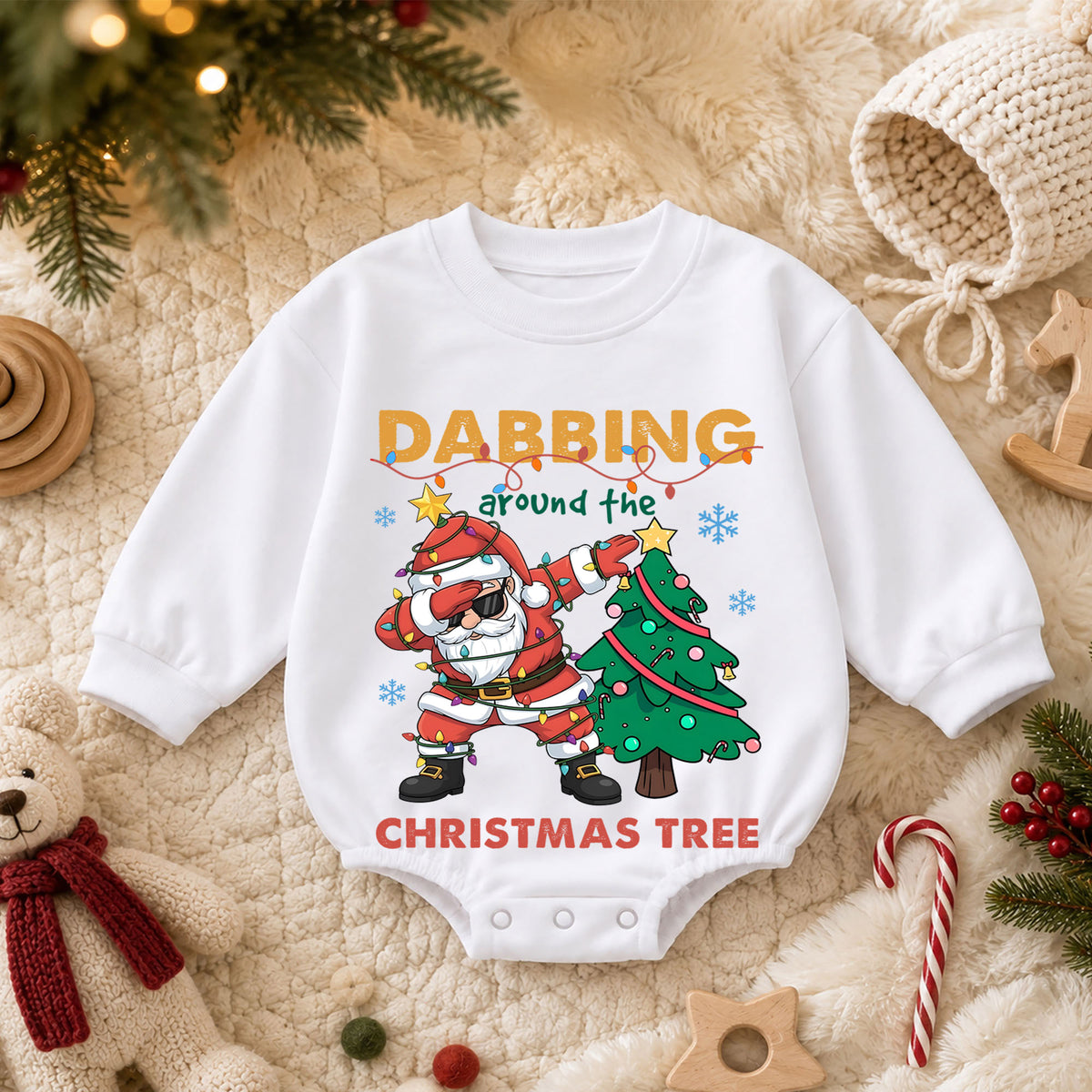 Dabbing Around the Christmas Tree Santa Romper, Funny Holiday Baby Outfit, 1st Birthday Xmas Gift, Baby 1st Christmas Keepsake — product view 3