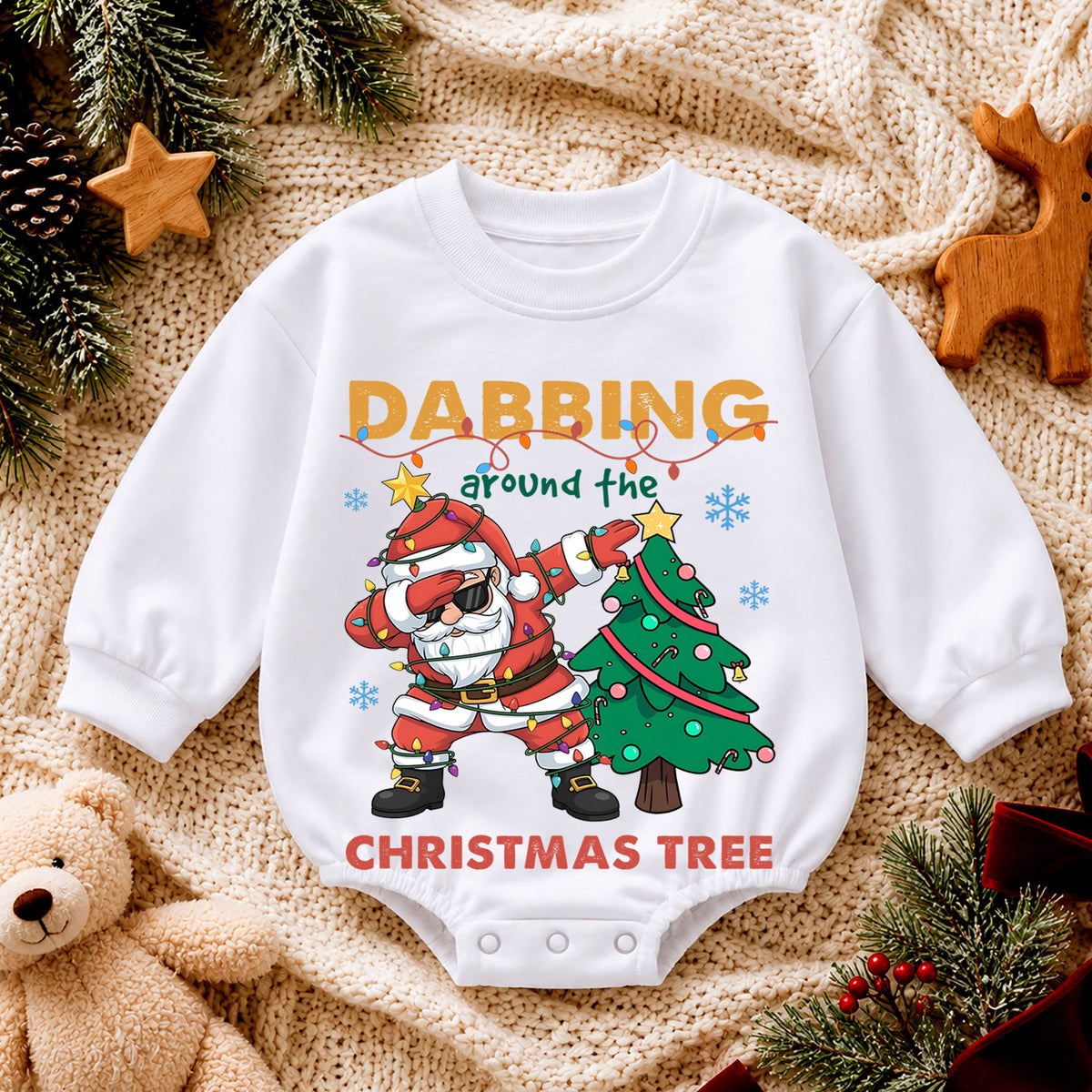 Dabbing Around the Christmas Tree Santa Romper, Funny Holiday Baby Outfit, 1st Birthday Xmas Gift, Baby 1st Christmas Keepsake — product view 4