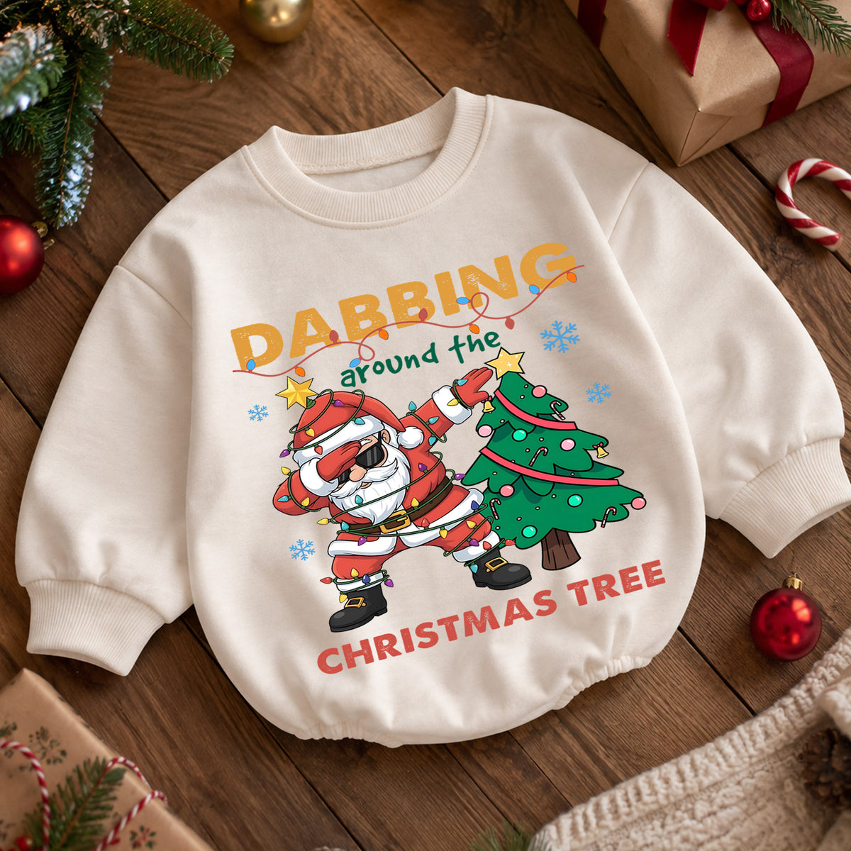 Dabbing Around the Christmas Tree Santa Romper, Funny Holiday Baby Outfit, 1st Birthday Xmas Gift, Baby 1st Christmas Keepsake — product view 5