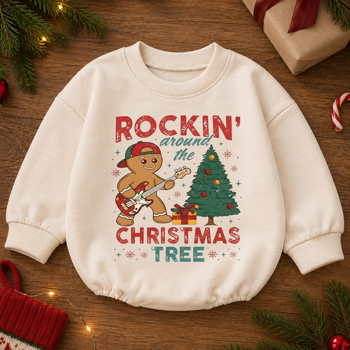 Rockin Around the Christmas Tree Gingerbread Romper, Guitar Holiday Outfit, 1st Birthday Gift, Baby 1st Christmas Keepsake — product view 2