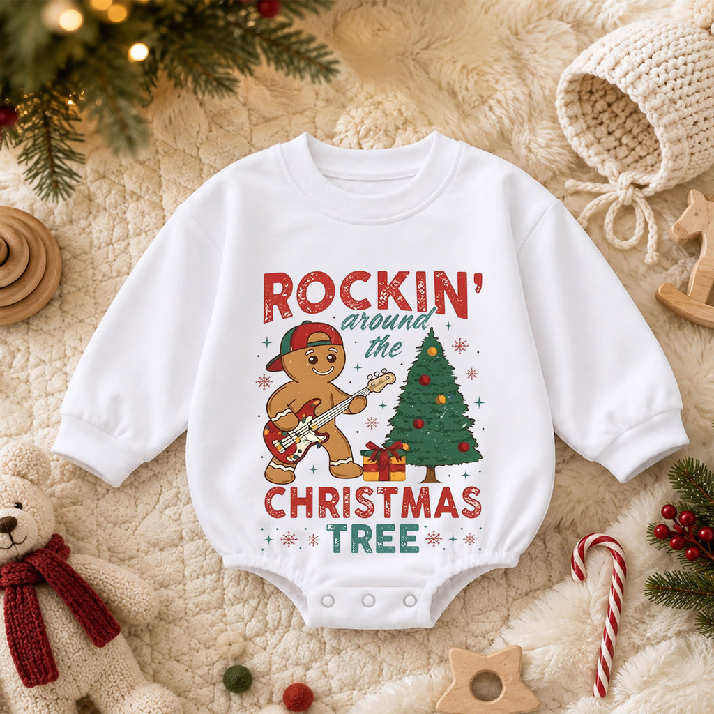 Rockin Around the Christmas Tree Gingerbread Romper, Guitar Holiday Outfit, 1st Birthday Gift, Baby 1st Christmas Keepsake — product view 3