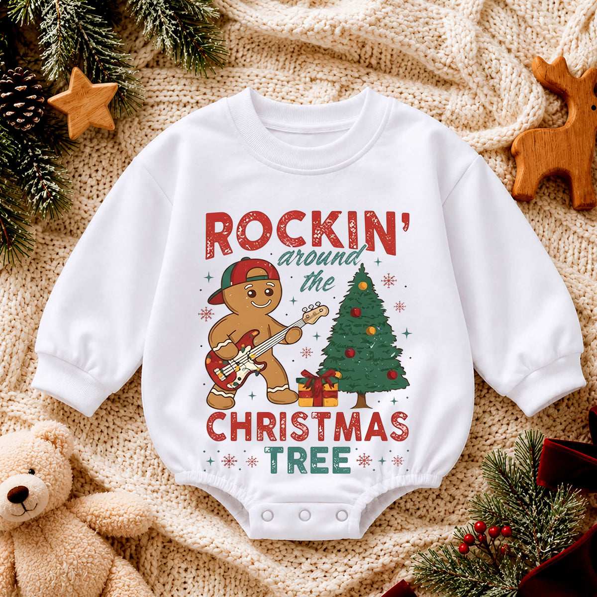 Rockin Around the Christmas Tree Gingerbread Romper, Guitar Holiday Outfit, 1st Birthday Gift, Baby 1st Christmas Keepsake — product view 4