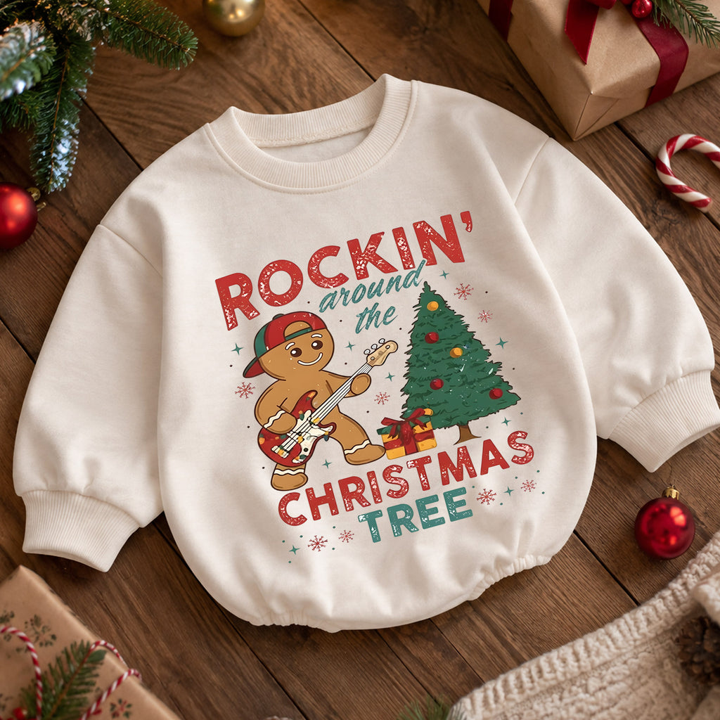 Rockin Around the Christmas Tree Gingerbread Romper, Guitar Holiday Outfit, 1st Birthday Gift, Baby 1st Christmas Keepsake — product view 5