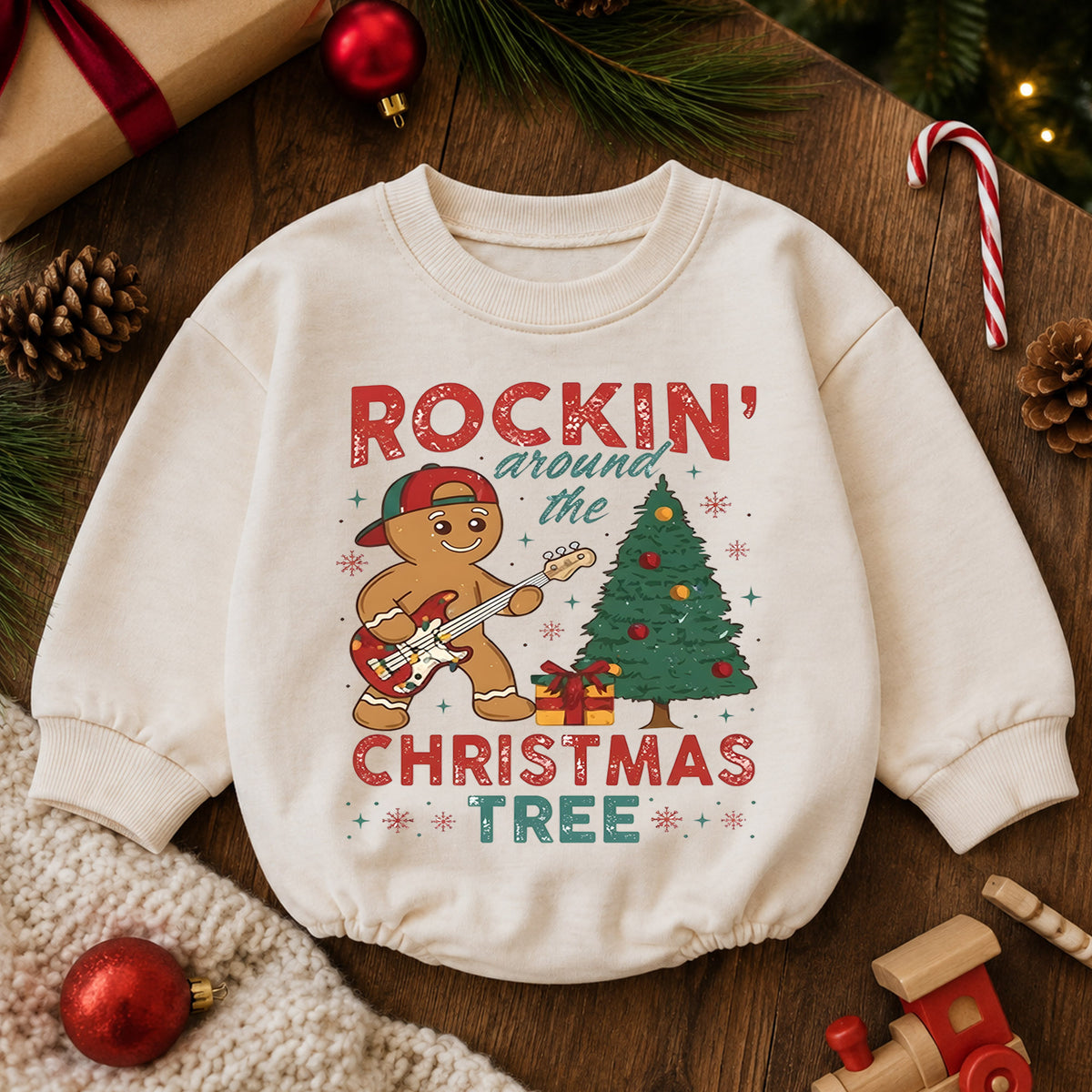 Rockin Around the Christmas Tree Gingerbread Romper, Guitar Holiday Outfit, 1st Birthday Gift, Baby 1st Christmas Keepsake — product view 6