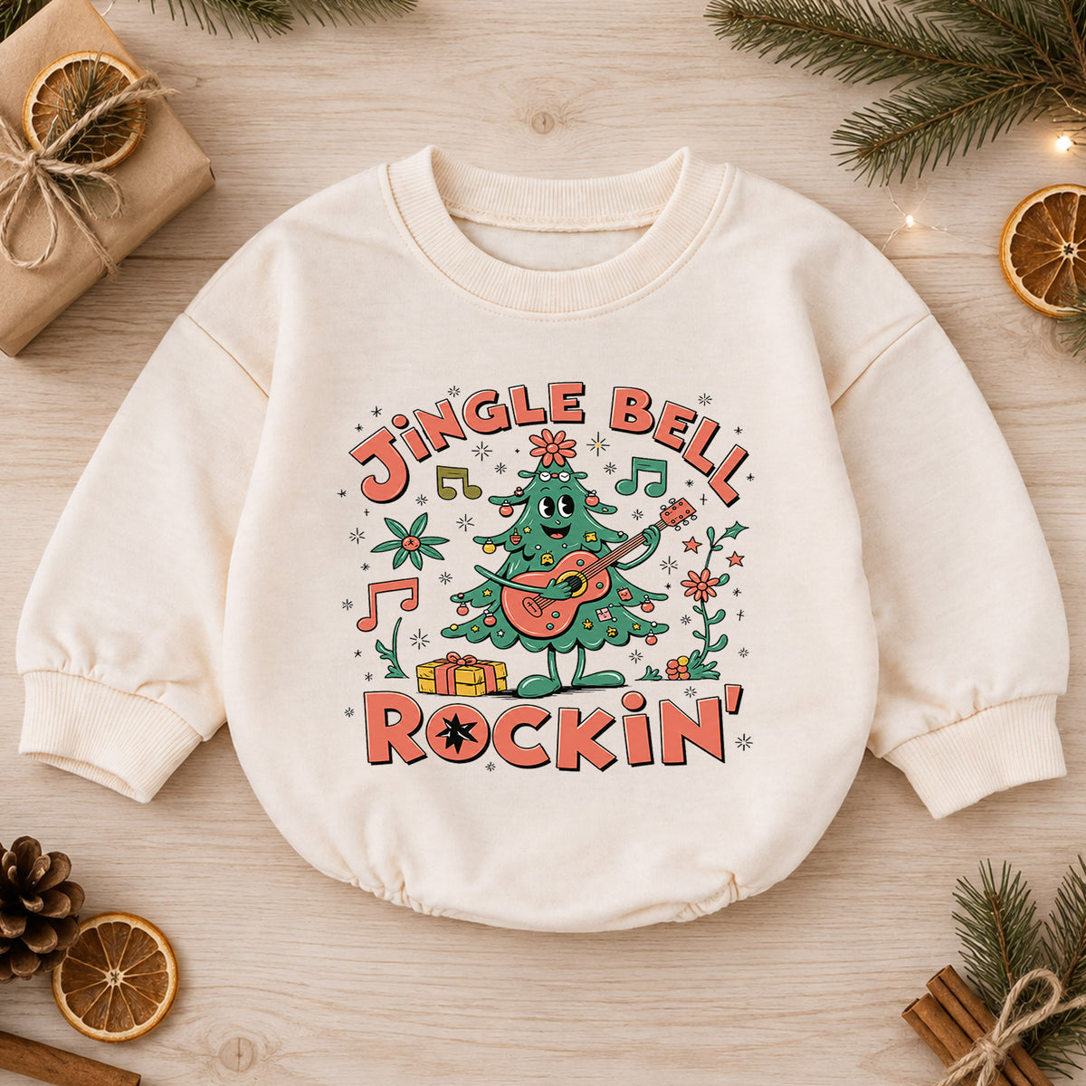 Jingle Bell Rockin Christmas Tree Romper, Guitar Holiday Baby Outfit, 1st Birthday Xmas Gift, Baby 1st Christmas Keepsake — product view 1