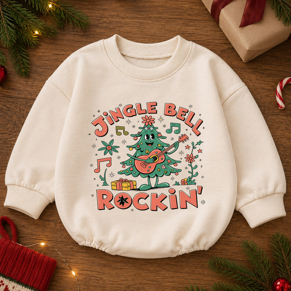 Jingle Bell Rockin Christmas Tree Romper, Guitar Holiday Baby Outfit, 1st Birthday Xmas Gift, Baby 1st Christmas Keepsake — product view 2