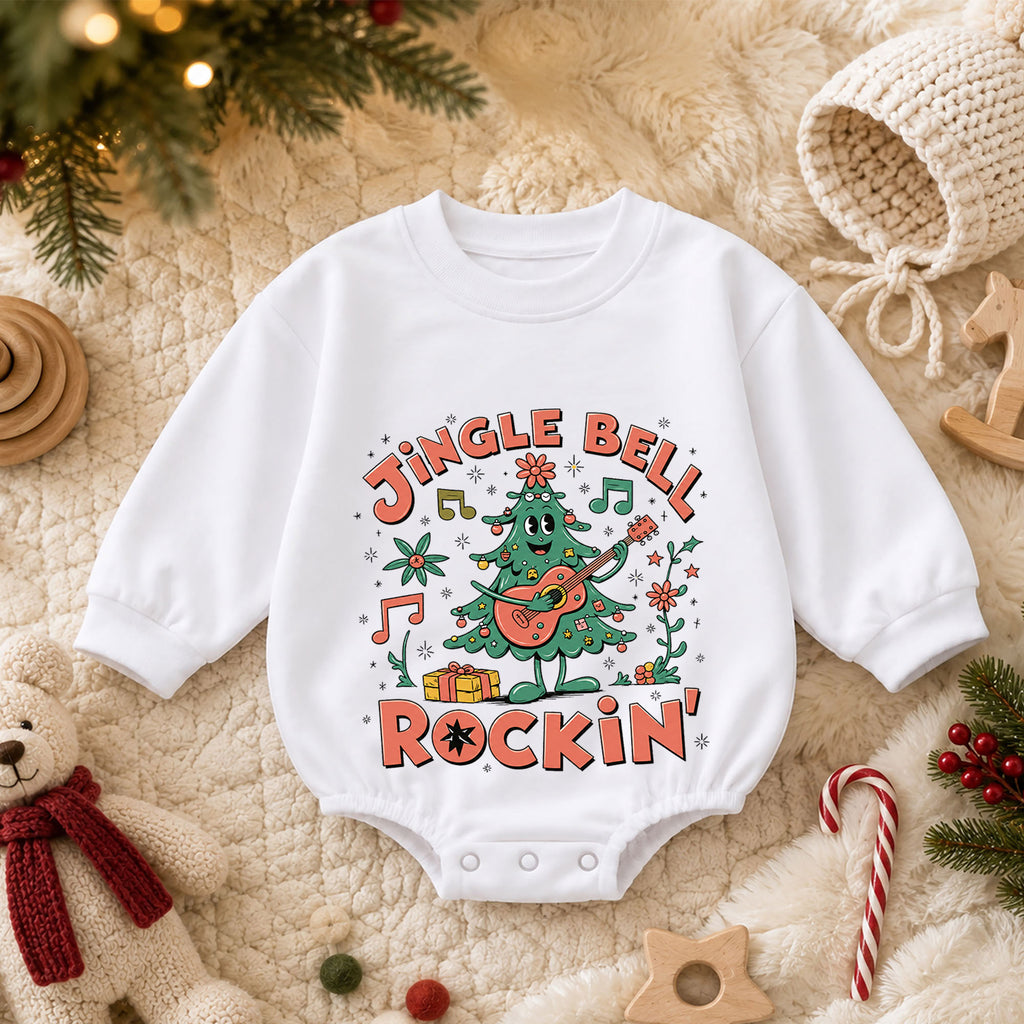 Jingle Bell Rockin Christmas Tree Romper, Guitar Holiday Baby Outfit, 1st Birthday Xmas Gift, Baby 1st Christmas Keepsake — product view 3
