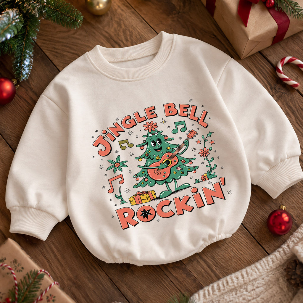 Jingle Bell Rockin Christmas Tree Romper, Guitar Holiday Baby Outfit, 1st Birthday Xmas Gift, Baby 1st Christmas Keepsake — product view 5