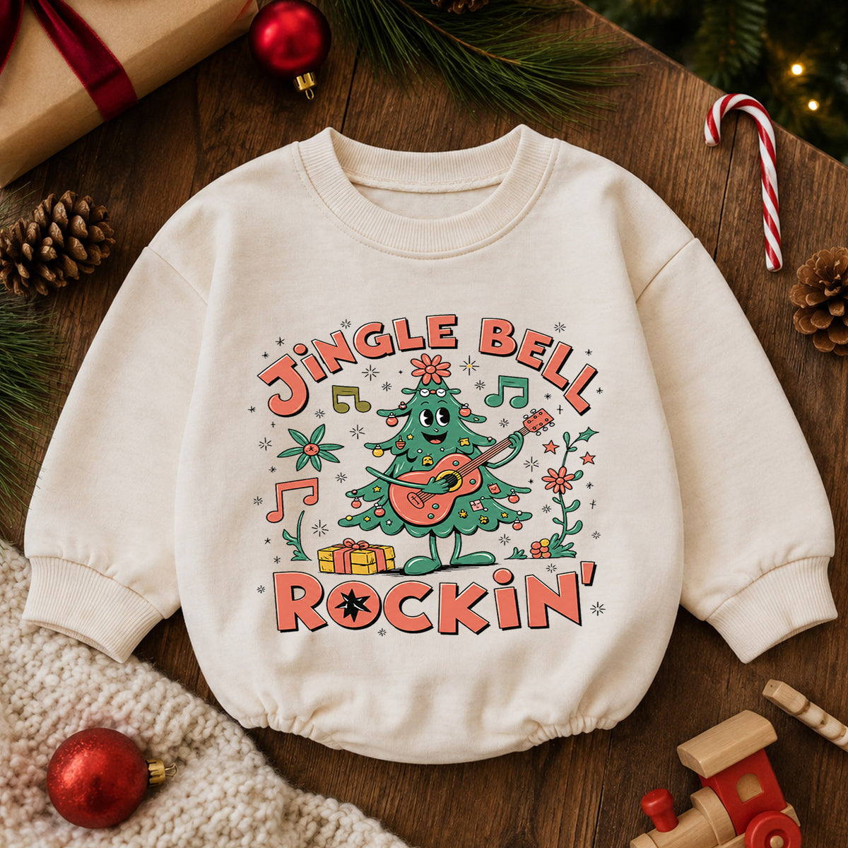 Jingle Bell Rockin Christmas Tree Romper, Guitar Holiday Baby Outfit, 1st Birthday Xmas Gift, Baby 1st Christmas Keepsake — product view 6