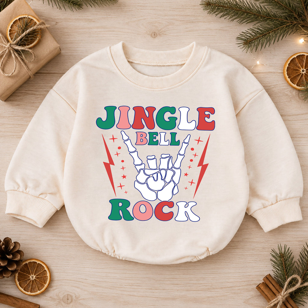 Jingle Bell Rock Skeleton Hand Baby Romper, Retro Christmas Rock Romper, Holiday Music Outfit, Cool Xmas Gift for Baby — product view 1