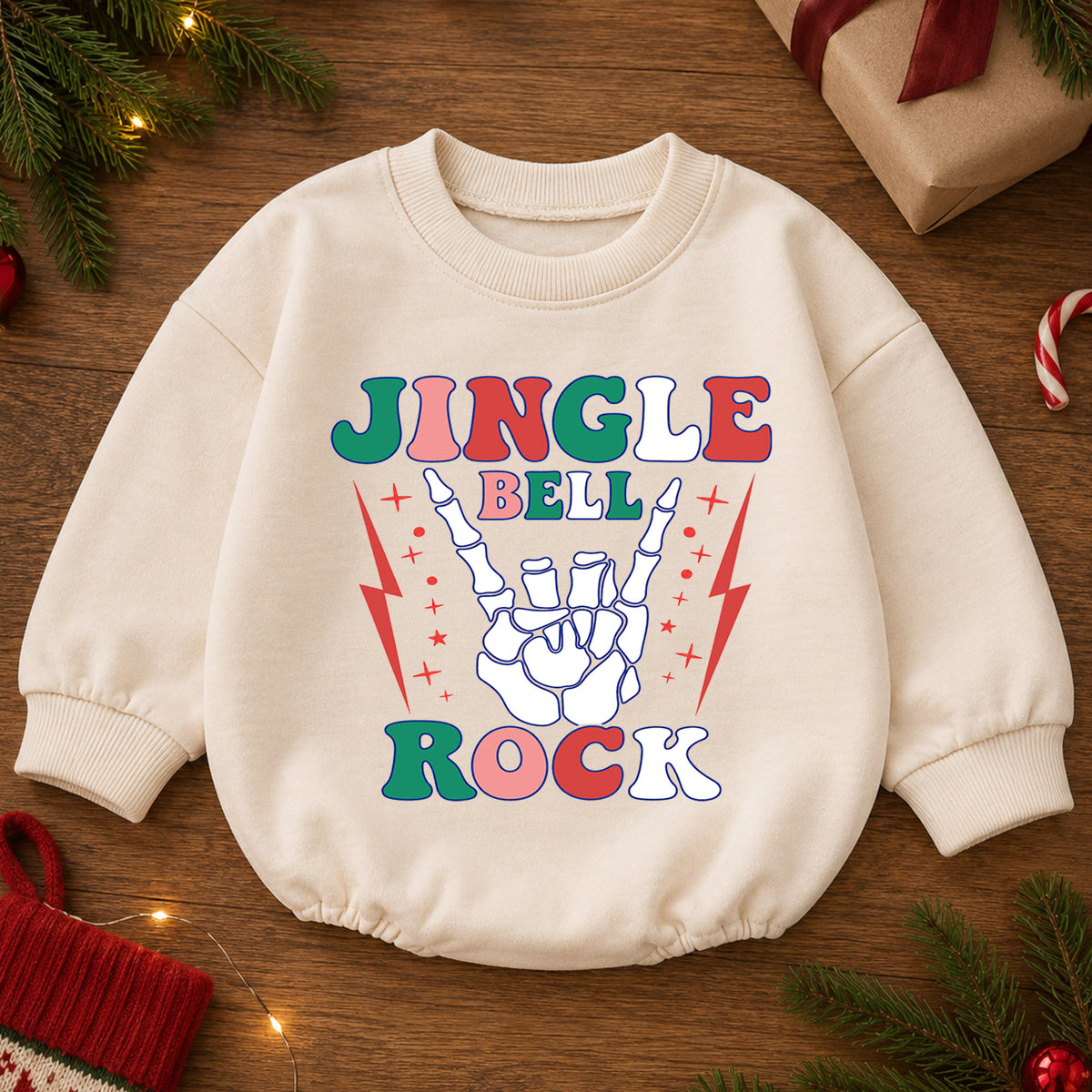 Jingle Bell Rock Skeleton Hand Baby Romper, Retro Christmas Rock Romper, Holiday Music Outfit, Cool Xmas Gift for Baby — product view 2