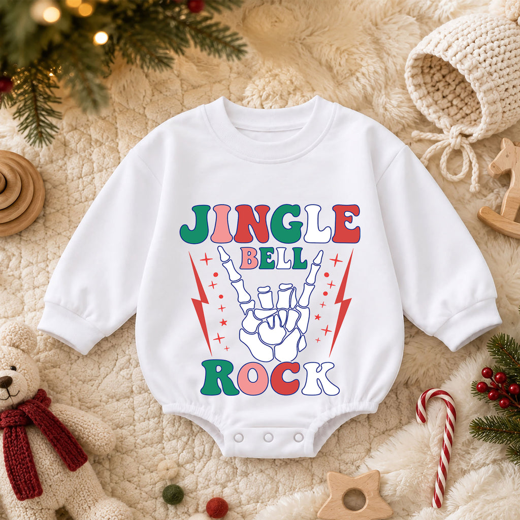 Jingle Bell Rock Skeleton Hand Baby Romper, Retro Christmas Rock Romper, Holiday Music Outfit, Cool Xmas Gift for Baby — product view 3