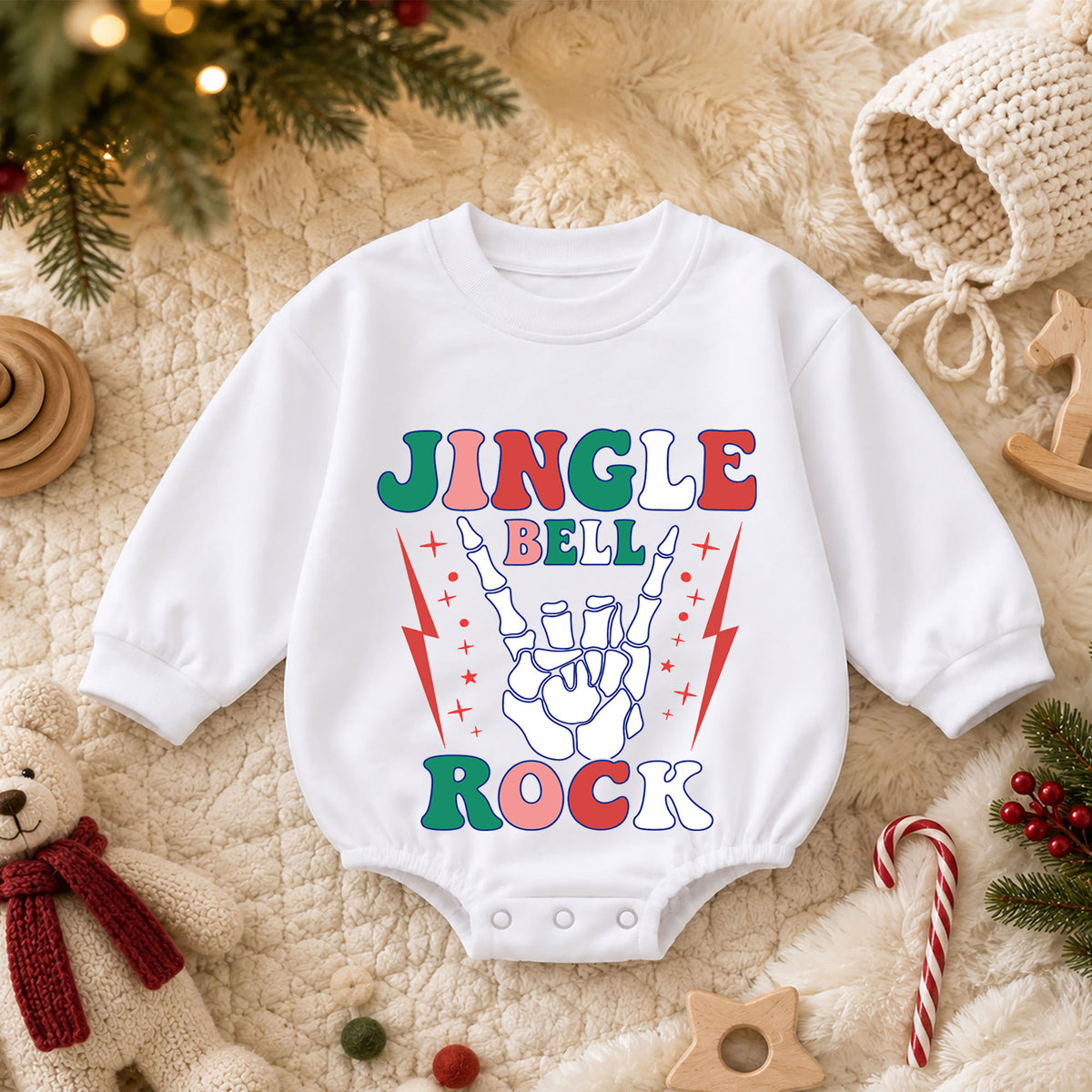Jingle Bell Rock Skeleton Hand Baby Romper, Retro Christmas Rock Romper, Holiday Music Outfit, Cool Xmas Gift for Baby — product view 3
