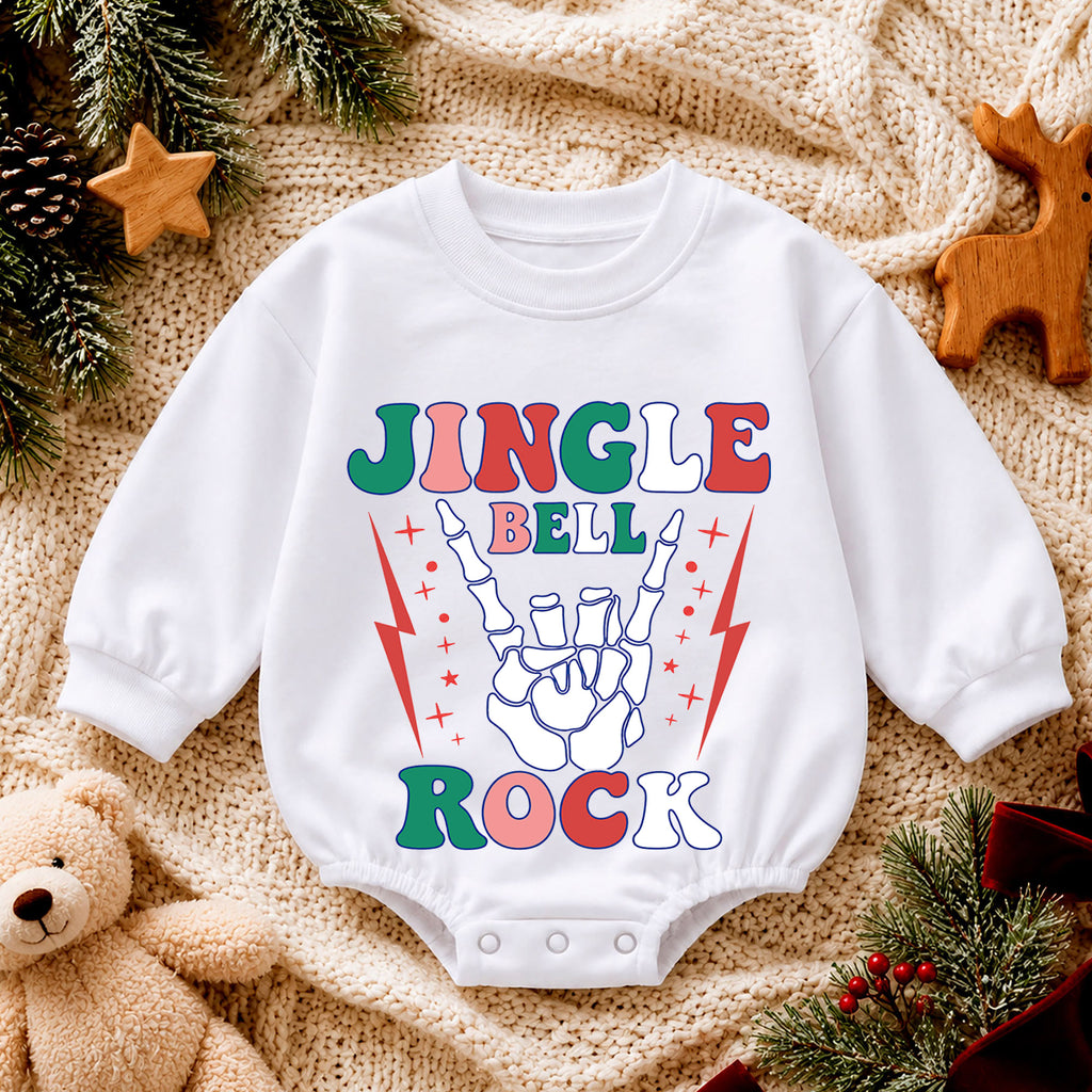 Jingle Bell Rock Skeleton Hand Baby Romper, Retro Christmas Rock Romper, Holiday Music Outfit, Cool Xmas Gift for Baby — product view 4