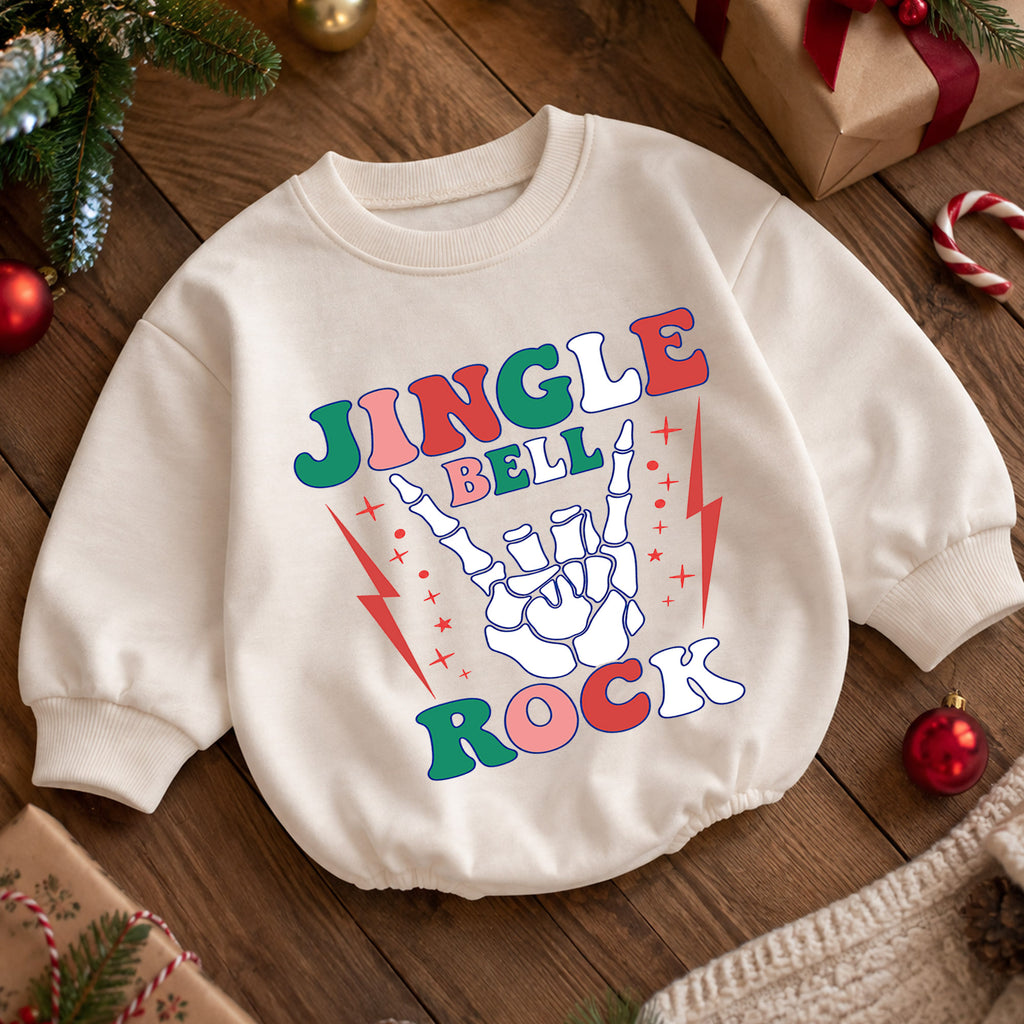 Jingle Bell Rock Skeleton Hand Baby Romper, Retro Christmas Rock Romper, Holiday Music Outfit, Cool Xmas Gift for Baby — product view 5