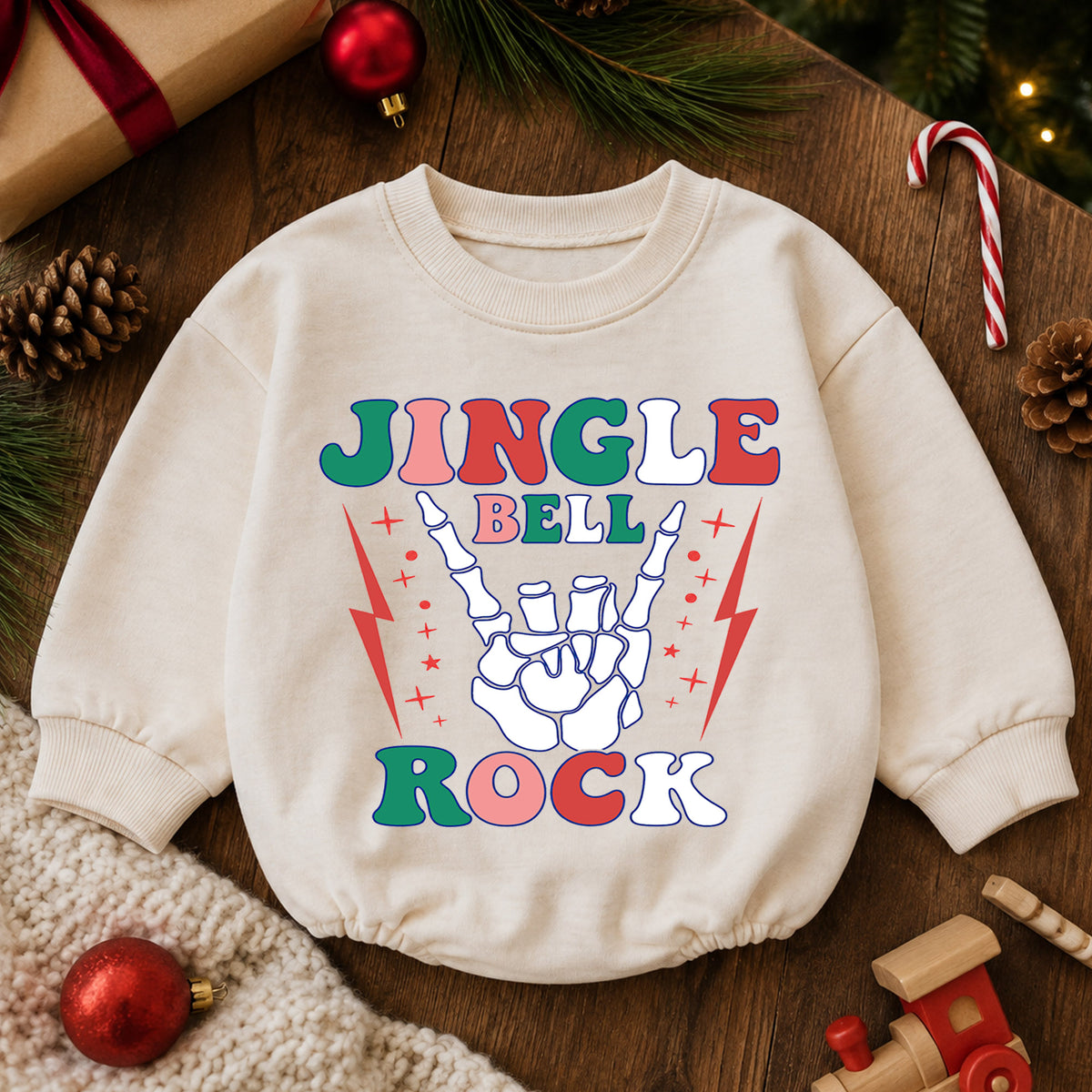 Jingle Bell Rock Skeleton Hand Baby Romper, Retro Christmas Rock Romper, Holiday Music Outfit, Cool Xmas Gift for Baby — product view 6