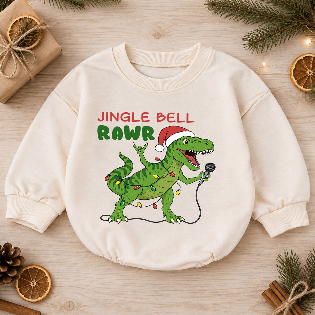 Jingle Bell Rawr Dinosaur Christmas Romper, T Rex Holiday Music Romper, Funny Dino Xmas Outfit, Christmas Gift for Baby — product view 1