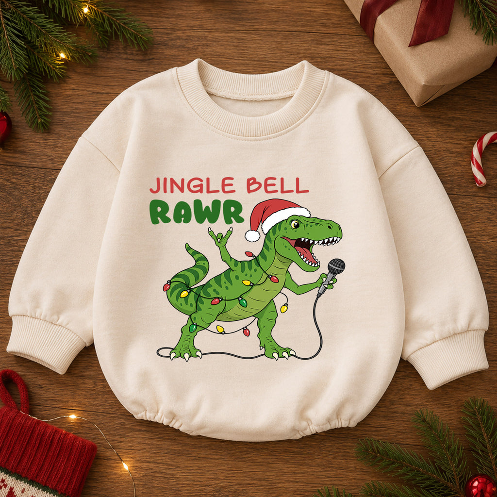 Jingle Bell Rawr Dinosaur Christmas Romper, T Rex Holiday Music Romper, Funny Dino Xmas Outfit, Christmas Gift for Baby — product view 2
