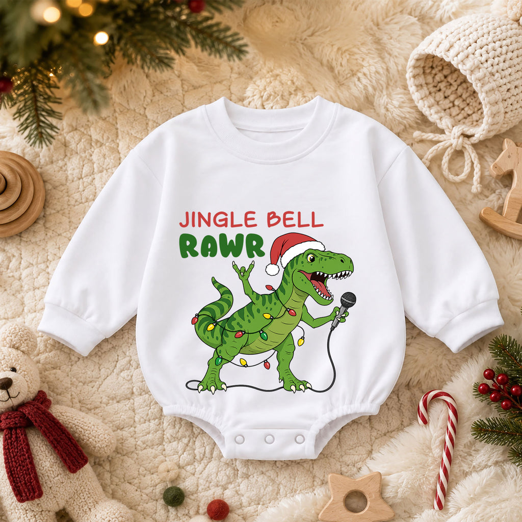 Jingle Bell Rawr Dinosaur Christmas Romper, T Rex Holiday Music Romper, Funny Dino Xmas Outfit, Christmas Gift for Baby — product view 3