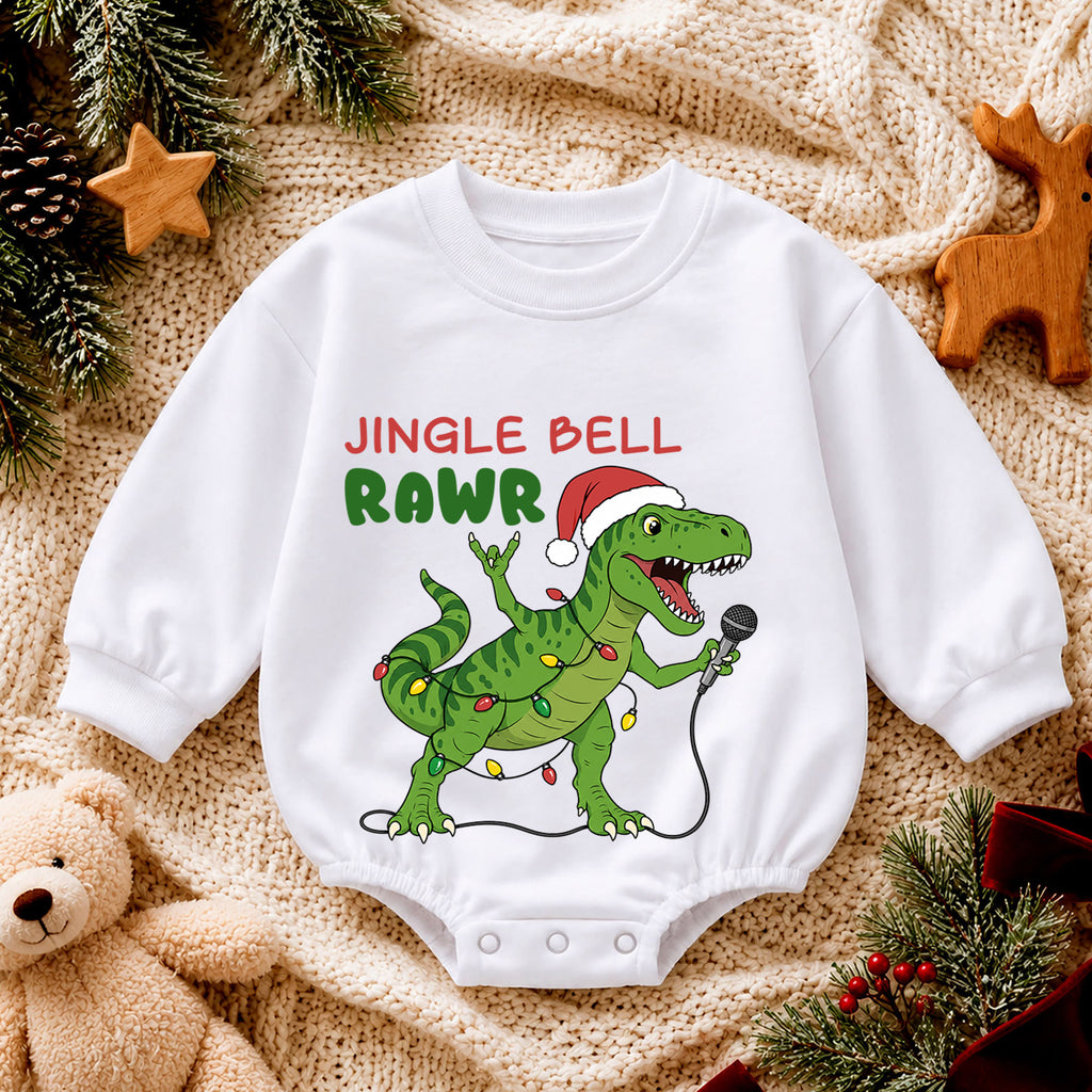Jingle Bell Rawr Dinosaur Christmas Romper, T Rex Holiday Music Romper, Funny Dino Xmas Outfit, Christmas Gift for Baby — product view 4