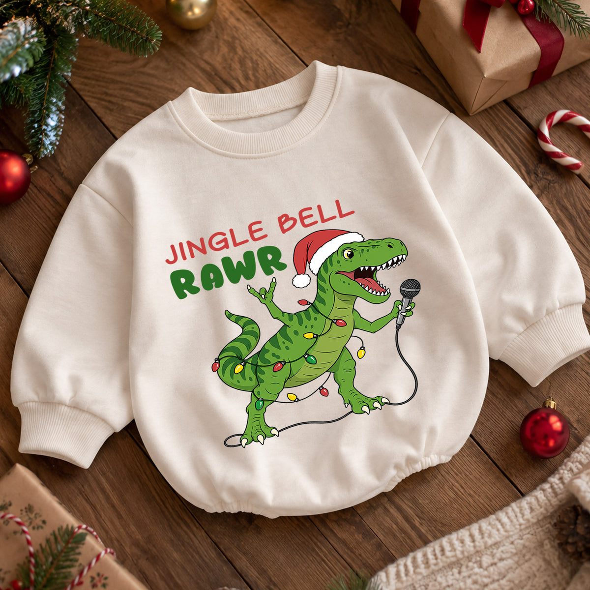 Jingle Bell Rawr Dinosaur Christmas Romper, T Rex Holiday Music Romper, Funny Dino Xmas Outfit, Christmas Gift for Baby — product view 5
