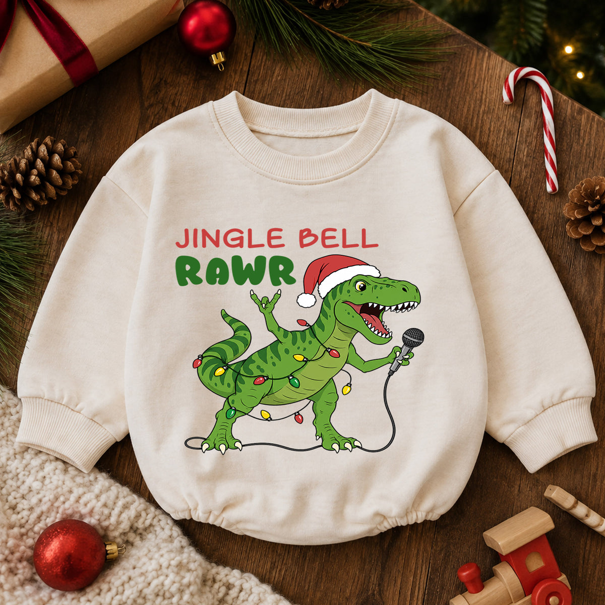 Jingle Bell Rawr Dinosaur Christmas Romper, T Rex Holiday Music Romper, Funny Dino Xmas Outfit, Christmas Gift for Baby — product view 6