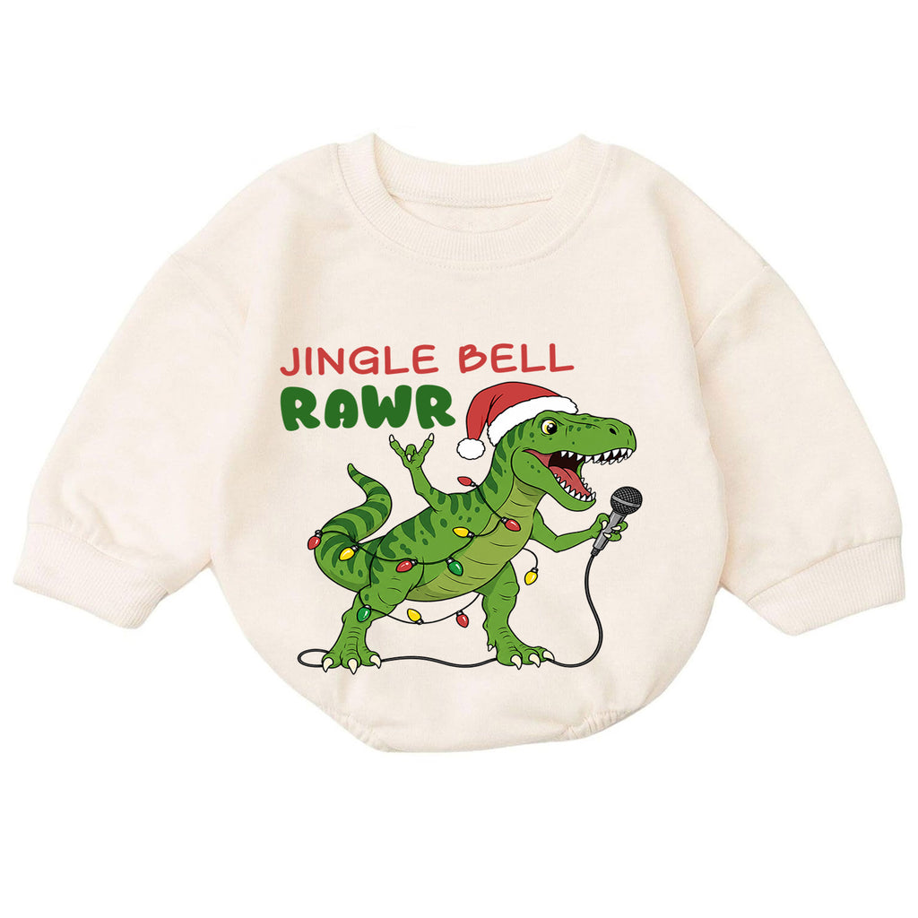 Jingle Bell Rawr Dinosaur Christmas Romper, T Rex Holiday Music Romper, Funny Dino Xmas Outfit, Christmas Gift for Baby — product view 7
