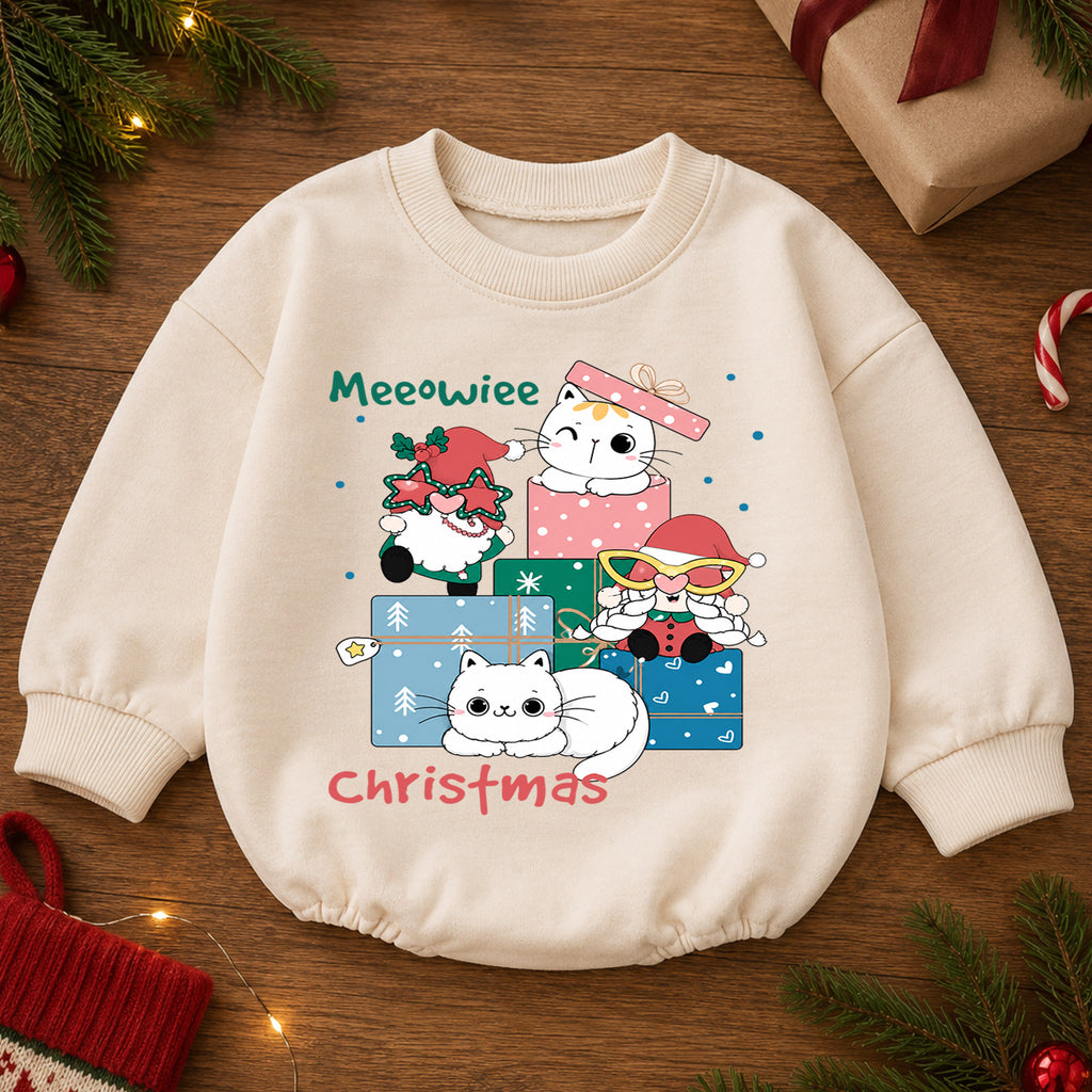 Meowie Christmas Cat Baby Romper, Cute Kitty Gift Box Holiday Outfit, Festive Cat Lover Romper, Christmas Gift for Baby — product view 2